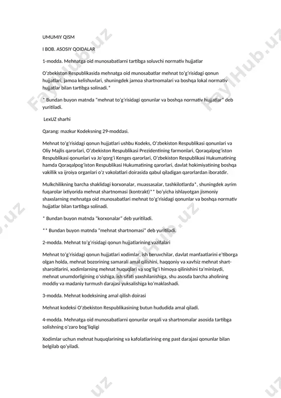 toj bo‘lgan shaxslar (ayollar, voyaga yetmaganlar, nogironlar va boshqalar) to‘g‘risidagi alohida g‘amxo‘rligi bilan bog‘liq farqlashlar kamsitish deb hisoblanmaydi. mehnat sohasida o‘zini kamsitilgan deb hisoblagan shaxs kamsitishni bartaraf etish hamda o‘ziga yetkazilgan moddiy va ma’naviy zararni to‘lash to‘g‘risidagi ariza bilan sudga murojaat qilishi mumkin. lexuz sharhi qarang: mazkur kodeksning 188-moddasi, o‘zbekiston respublikasi fuqarolik kodeksining 985, 1021 va 1022-moddalari, o‘zbekiston respublikasining fuqarolik protsessual kodeksi ii bo‘limining 2-kichik bo‘limi (“da’vo ishini yuritish”), o‘zbekiston respublikasi oliy sudi plenumining 2000-yil 28-apreldagi 7-sonli “ma’naviy zararni qoplash haqidagi qonunlarni qo‘llashning ayrim masalalari to‘g‘risida”gi qarori. 7-modda. majburiy mehnatning taqiqlanishi majburiy mehnat, ya’ni biron-bir jazoni qo‘llash bilan tahdid qilish orqali (shu jumladan mehnat intizomini saqlash vositasi tariqasida) ish bajarishga majburlash taqiqlanadi. lexuz sharhi qarang: o‘zbekiston respublikasi konstitutsiyasi 37-moddasining ikkinchi qismi, o‘zbekiston respublikasining “aholini ish bilan ta’minlash to‘g‘risida”gi qonuni 2-moddasining uchinchi qismi, o‘zbekiston respublikasi ma’muriy javobgarlik to‘g‘risidagi kodeksining 51-moddasi. quyidagi ishlar, ya’ni: harbiy yoki muqobil xizmat to‘g‘risidagi qonunlar asosida; lexuz …