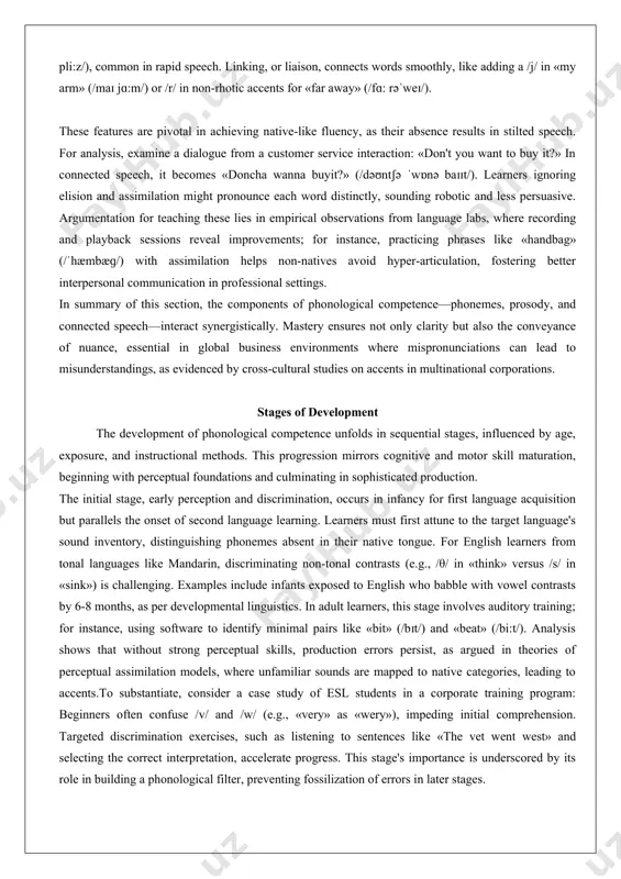 ent speech. assimilation occurs when one sound changes to resemble a neighboring sound for ease of articulation; for example, in «ten boys,» /n/ assimilates to /m/ before /b/, becoming «tem boys» (/tem bɔɪz/). this regressive assimilation smooths transitions but can confuse learners if not recognized. elision involves the omission of sounds, such as dropping /t/ in «next please» (/neks pli:z/), common in rapid speech. linking, or liaison, connects words smoothly, like adding a /j/ in «my arm» (/maɪ jɑ:m/) or /r/ in non-rhotic accents for «far away» (/fɑ: rəˈweɪ/). these features are pivotal in achieving native-like fluency, as their absence results in stilted speech. for analysis, examine a dialogue from a customer service interaction: «don't you want to buy it?» in connected speech, it becomes «doncha wanna buyit?» (/dəʊntʃə ˈwɒnə baɪɪt/). learners ignoring elision and assimilation might pronounce each word distinctly, sounding robotic and less persuasive. argumentation for teaching these …