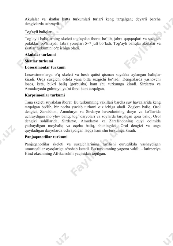 baliq 50 — 60 yilga yaqin yashaydi. oziqlanish usuliga koʻra b.ning ogʻzi va tishlari har xil tuzilgan. b.ning faqat jagʻlarida emas, balki til, tanglay va halqumida ham tishlari boʻladi (choʻrtan, karas). b.ning tuxumdan chiqqan chavoqlari dastlab sariqlik xaltachasi hisobiga oziqlanadi, keyinchalik suv oʻtlari va bir hujayrali hayvonlar bilan oziqlana boshlaydi. yirtqich b. (laqqa, choʻrtan, olabuga) boshqa b. hamda jonivorlarni yeydi. zogʻora, moy, moʻylovdor b. oʻsimlik va xayvonlardan iborat aralash oziqlar bilan oziqlanadi. b.ning har xil rangda boʻlishi ular terisidagi pigmentli hujayralar — xromotoforlarga bogʻliq. xromotoforlar nerv taʼsirida tashqi muhit rangiga mos ravishda rangini oʻzgartirish xususiyatiga ega. bu hodisa b.ning dushmanlardan saqlanishida katta ahamiyat kasb etadi. b. tana harorati beqaror, sovuqqon jonivorlardir. tana harorati deyarli suv haroratiga yaqin, baʼzan 0,5 — g ortiqroq boʻladi. serharakat b. tana harorati muhit taʼsirida bir oz koʻtarilishi, mas, tez suzayotgan tunetsda tana harorati suvnikidan 10°c gacha yuqori boʻlishi mumkin. b. har xil haroratli suvda yashashga …