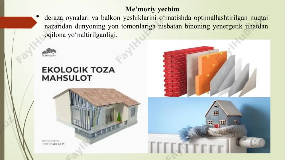 dan yenergiya iste’mol qilinadi. bir kvt soat yelektr yenergiyasi sarflandi. uydagi issiqlik tarqalishidan foydalanish, masalan, sovutgich va konditsionerning tashqi bloki tomonidan issiqlik yordamida issiq suvni ishlatish. binoda joylashgan barcha texnik qurilmalar uchun avtomatlashtirilgan boshqaruv tizimidan foydalanish natijasida issiqlik va yelektr yenergiyasini qo‘shimcha ravishda tejash imkonini beradi. sovutish va havoni tozalash sovutgich va mahalliy muzlatgichlar uchun yelektr yenergiyasini kamaytirishning asosiy usullari quyidagilardir: sovutish moslamasining imkoniyatlarini optimal tanlash; sovutish moslamasining yeshiklari, muzlatgich, sovutgichdagi shaffof qopqoq, yuqori sifatli izolyatsiya bilan yuqori sifatda izolyatsiyalash; zamonaviy yenergiya tejaydigan sovutgichlarni olish; muzlatgichdagi sovuqqa, donga, muzdan suv tushishiga ruxsat berilmaydi; atrof-muhit haroratidan yuqori bo‘lgan haroratdagi mahsulotlarni muzlatgichga (sovutgichga) joylashtiriladigan materiallarni va mahsulotlarni joylashtirish tavsiya yetilmaydi - ularni havoda oldindan sovutish kerak; muzlatgichdan voz kechish imkoniyatini tahlil qilish; sifatli issiqlik chiqarish - issiqlik batareyasi radiatorini samarali sovutish (issiqlik almashish (radiator)ning samarali ventilyatsiyasi, sovutgich radiatorini issiq bo‘lmagan xonaga olib chiqish yoki sovuq mavsumda sovutgichni qo‘yish) maishiy sovutgichni issiqlik manbalariga …
