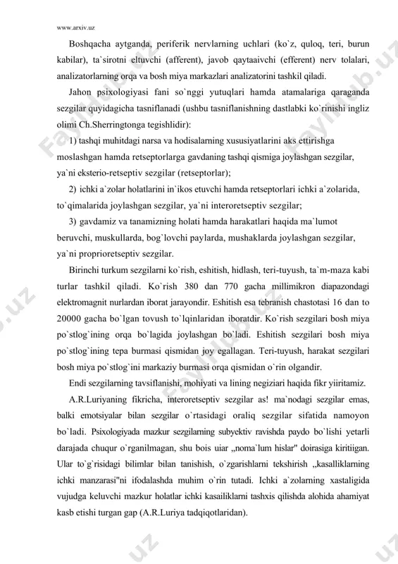 emas, balki emotsiyalar bilan sezgilar o`rtasidagi oraliq sezgilar sifatida namoyon bo`ladi. psixologiyada mazkur sezgilarning subyektiv ravishda paydo bo`lishi yetarli darajada chuqur o`rganilmagan, shu bois uiar ,,noma`lum hislar" doirasiga kiritiigan. ular to`g`risidagi bilimlar bilan tanishish, o`zgarishlarni tekshirish ,,kasalliklarning ichki manzarasi"ni ifodalashda muhim o`rin tutadi. ichki a`zolarning xastaligida vujudga keluvchi mazkur holatlar ichki kasailiklarni tashxis qilishda alohida ahamiyat kasb etishi turgan gap (a.r.luriya tadqiqotlaridan). bunday xususiyatli ixtiyorsiz sezgilar insonda juda erta uyg`onadi, shuningdek, ularning ifodalanishi ham o`ziga xos shakllarga ega. chunonchi, ular ,,oldindan his qilish" sifatida paydo bo`lib, hatto inson ularni ta`riflab berish imkoniyatiga qodir emas, ko`pincha ushbu kechinmalar tushda ayon berib, qaysidir kasallik xurujidan darak beradi, xolos. ular insonning kayfiyatida, emotsional reaksiyalari o`zgarishida ko`zga tashlanadi, shu tufayli bola xatti-harakatining keskin o`zgarishiga sabab bo`ladi. chunki, bola o`z tana a`zolaridagi ichki holatlarning o`zgarishini anglash, sezish, his qilish uquviga ega emas, shu bois buni undagi xatti-harakatning umumiy o`zgarishidan sezish mumkin. bu hodisaga misol tariqasida …