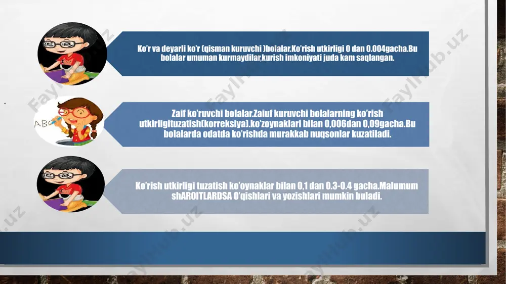 oʻquv yili boshi oʻzrda 7 koʻrlar internat maktabi (1369 oʻquvchi), 2 zaif koʻruvchilar internat maktabi (386 o'quvchi) ishladi.[1] mazkur yo‘nalishdagi islohotlarning izchilligi va tizimliligini ta’minlash, ko‘zi ojiz va zaif ko‘ruvchi bolalarning ta’lim olishi uchun yaratilgan shart-sharoitlarni yanada yaxshilash, ularning jamiyatga moslashuviga ko‘maklashish hamda qo‘llab-quvvatlash bo‘yicha ishlarni yangi bosqichga olib chiqish maqsadida: 1. ichki ishlar vazirligi hamda xalq ta’limi vazirligining ko‘zi ojiz va zaif ko‘ruvchi bolalar uchun ixtisoslashtirilgan maktab-internatlarni ichki ishlar vazirligiga biriktirish hamda ularni “nurli maskan” ixtisoslashtirilgan maktab-internatlari (keyingi o‘rinlarda — “nurli maskan” maktablari) deb nomlash to‘g‘risidagi taklifiga rozilik berilsin. belgilansinki, ichki ishlar vazirligi “nurli maskan” maktablariga mas’ullarni biriktirgan holda: sifatli ta’lim va tarbiya berishga, ularning maishiy sharoitlarini yaxshilashga, shuningdek, o‘quvchilarning bo‘sh vaqtini mazmunli tashkil etish hamda intellektual, jismoniy va ijodiy qobiliyatlarini rivojlantirishga; o‘quvchilarning jismoniy imkoniyatidan kelib chiqqan holda, ularni sog‘lom, ma’nan yetuk inson qilib tarbiyalashga hamda dunyoqarashini shakllantirish, sport turlariga qiziqtirish va jalb etishga; o‘quvchilarning vatanparvarlik tuyg‘ularini shakllantiruvchi madaniy-ma’rifiy …
