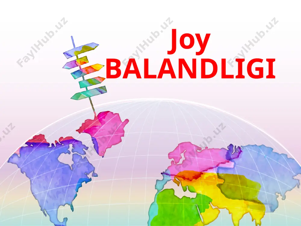 rtacha mutlaq balandligi 400 m, qamchiq dovoniniki 2267 m. o‘zbekistondagi eng baland nuqta hazrat sulton tog‘i - 4643 m. o‘zbekistondagi barcha mutlaq balandliklar atlantika okeanining boltiq dengizi sathidan hisoblanadi. gorizontallar. joy planlarida tabiatdagi mahalliy predmetlardan tashqari yer yuzasining notekisliklari ham tasvirlanadi. yer yuzasining bunday notekisliklari relyef deb ataladi. relyef joy planlarida va xaritalarda gorizontallar bilan tasvirlanadi. gorizontallar deb quruqlik yuzasidagi mutlaq balandligi bir xil bo‘lgan nuqtalarni xaritalarda tutashtiruvchi chiziqlarga aytiladi. joy planida tepalar ham, chuqurlar ham gorizontallar bilan tasvirlanadi. yer yuzasi qaysi tomonga qiya bo‘lsa, gorizontallarga qiya tomonni ko‘rsatuvchi chiziqcha qo‘yiladi. bu chiziqcha bergshtrix deb ataladi. bergshtrixga qarab chuqur va tepalar ajratib olinadi. yonbag‘irlar juda tik bo‘lsa, planda mayda tishlarga o‘xshagan chiziqlar bilan ko‘rsatiladi. image2.jpeg image3.jpeg image4.jpeg image5.jpeg image6.emf image7.emf image8.jpeg image9.jpeg image10.jpeg image11.emf image12.jpeg image13.jpeg image14.jpeg image15.jpeg image16.jpeg image1.jpeg /docprops/thumbnail.jpeg