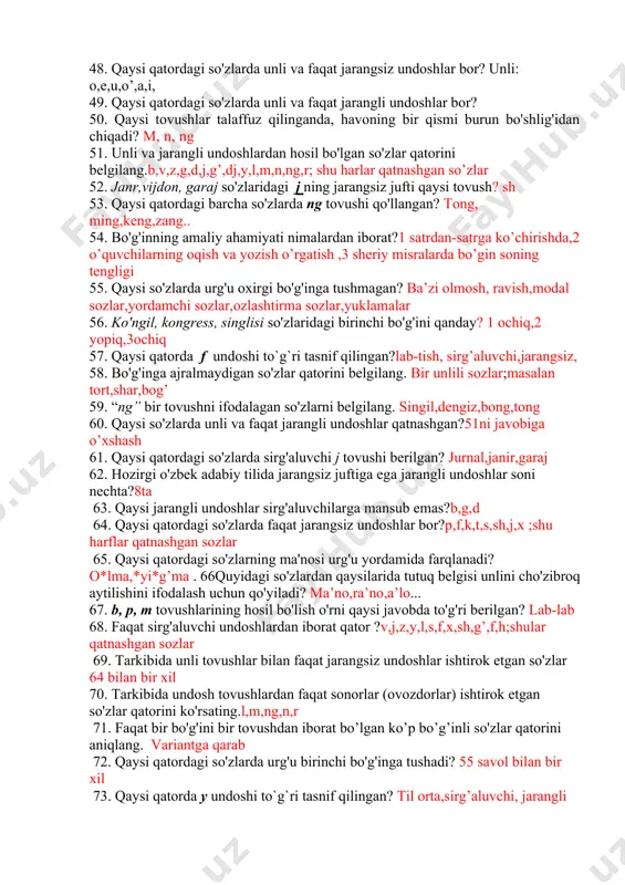 qlang. 37. darsda yangi mavzu o`tilishi va o`tilmasligiga ko`ra savod o`rgatish darslari to`g`ri ko`rsatilgan javobni aniqlang. 38. o`quv vaqtini mavzularga nazariy va amaliy jihatdan rejali taqsimlangan, darslarning mantiqiyligi va istiqboli bir-biri bilan bog`langan, dars turlari va unda o`qituvchi bilan o`quvchilar foydalanadigan asosiy metodik vositalar xilma-xil bo`lgan izchillik, bu - ? 39.tovush talaffuz qildiriladi, tovushga unli yoki undosh tovush qo`shib bo`g`in hosil qildiriladi, bo`g`inlardan so`zlar tuzdiriladi, so`zlardan gaplar tuzdiriladi, gaplardan bog`lanishli kichik hikoya tuzdiriladi, bu - ? 40. qaysi kichik harflar iv guruhga birlashtirilgan? 41. qatorning ustiga ko`tarib va ostiga tushirib yoziladigan harf qaysi? 42. qaysi bosh harflar i guruhga birlashtirilgan? 43. hosil bo'lish o'rniga ko'ra b va p undosh tovushlariga to'g'ri tavsif berilgan qatorni toping. 44. hosil bo'lish usuliga ko'ra q va g‘ undosh tovushlariga to'g'ri tavsif berilgan qatorni toping. 45. yopiq bo'g'inlaridan biri faqat jarangli undoshlardan tashkil topgan so'z qaysi? ч yopiq bogin undosh bn tugaydi 46. o'zbek adabiy …