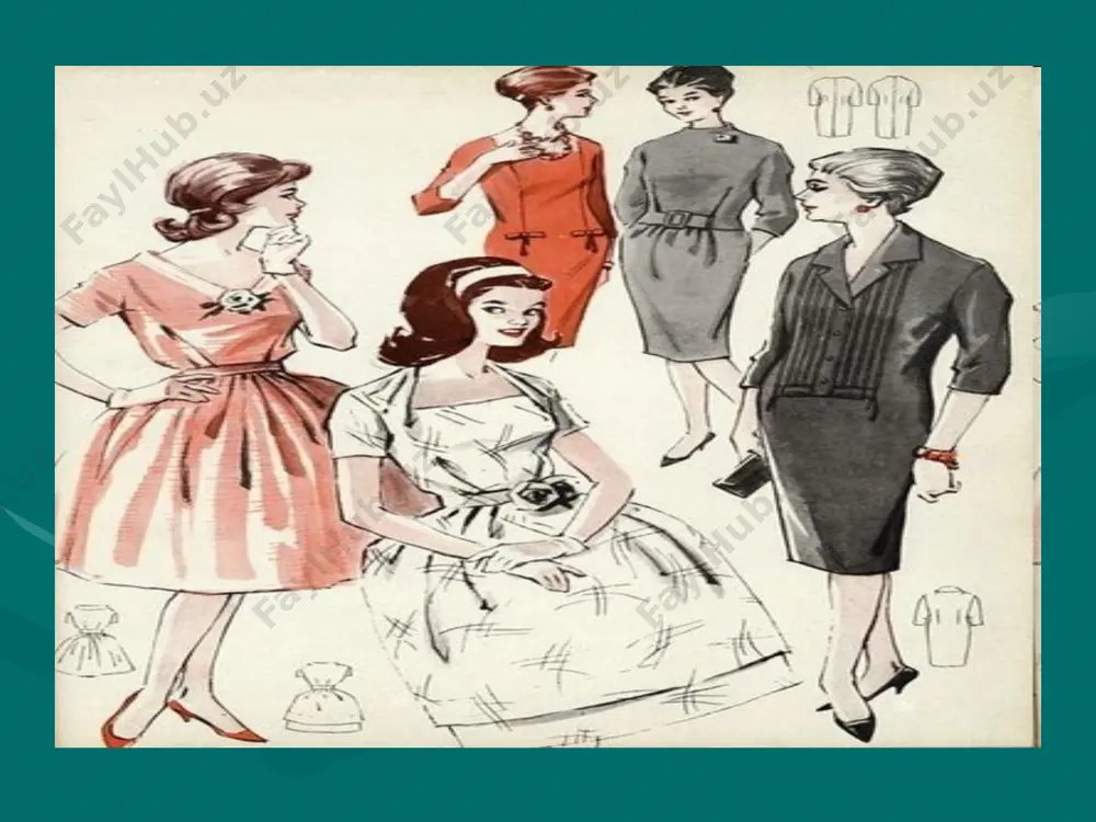 sning ta'rifi). moda o'zgarish jarayonda bo'lgan moddiy va ruhry qrymatlarga kiradigan barcha madaniyat (urlariga mansub; san'at (rangtasvir, adabiyot, musiqa, teatr, kino, dizayn), fan, texnika, siyosat, sport. dizayn - moda mexanizmini faol ta'sir etad ig an mad an iy at sohasid ir. moda insonni atrofidagi barcha buyum muhitiga ta'sir etadi, ya'ni interer va magazinni vilrinalari bezagiga, maishiy buyumlarni, ommabop bayramlarni va sair tomosha industriyadizayniga. ammo, ko'pindia moda insonning tashqi ko'rinishida aks etadi: liboslarida, sodi turmagida, makiyajida, muamolatarzida,buyumlar doirasida. kostyumda insonning talaklari va intilishlari, o'zi to'ttisida va atrofdagi insonlarga ijtimoiy munosabati va ijtimoiy holini aks e^ani bois, kanadalik jamiyatshunos m.makryuen insonning uyini va libosini '%izning terimizni davomf'deb aytishgaasosbulgan. modakostyumga, buyumlar xossasiga, royalarga, suzlargavab., ya'ni moda namunasi bo'ladigan buyumlarga (mini yubka, soch rangi va turmagi, avtomobil markasi, tordadam olishgavab.) ta'sir etadi. modaning tarkibi quydagi elementlaridan iborat: modali standartlar -muamola va hatti-harakat namunalari yoki usullari; modali ob'ektlar, ular moddiy va moddiy emas bo'lishi mumkin: …