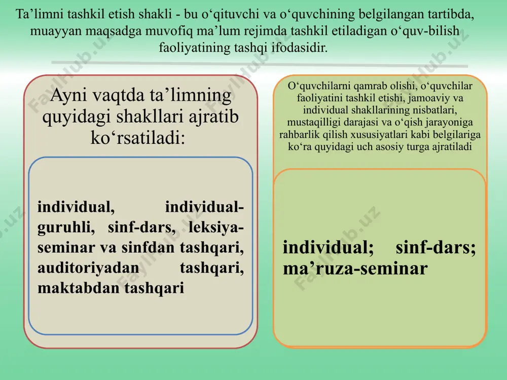 hkil etish jarayonida ma’lum omillarni hisobga olish darsning turlari va tuzilishi darsning quyidagi turlari mavjud: 1.aralash (kombinatsion dars). 2.yangi bilimlarni bayon qilish darsi. 3.o’rganilganlarini takrorlash va mustahkamlash darsi. 4.o’quvchilarning bilim, ko’nikma va malakalarini nazorat qilish darsi. 5.laboratoriya darslari. 6.amaliy darslar. 1.aralash darsning tuzilishi: a) tashkiliy qism; b) o’tilgan mavzuni takrorlash (uy vazifasini tekshirish); v) yangi mavzuni bayon qilish; g) o’rganilgan materialni mustahkamlash; d) o’quvchilarni baholash; e) uy vazifasini berish. 2.yangi bilimlarni bayon qilish darsining tuzilishi: a) tashkiliy qism; b) yangi mavzuni bayon qilish; v) o’rganilgan materialni mustahkamlash; d) uy vazifasini berish. 3.o’rganilganlarni takrorlash va mustahkamlash darsining tuzilishi: a) tashkiliy qism; b) o’rganilgan mavzularga doir savol-javob o’tkazish; v) o’rganilgan mavzularga doir amaliy topshiriqlarni bajarish; g) o’quvchilarni baholash. 4.o’quvchilarning bilim, ko’nikma va malakalarini nazorat qilish darsining tuzilishi: a) tashkiliy qism; b) o’rganilganlarni umumiy tarzda takrorlash (yodga tushirish); v) nazorat ishini o’tkazish; g) uy vazifasi (o’rganilganlarni qayta takrorlash maqsadida). 5.laboratoriya darslarining tuzilishi: a) …
