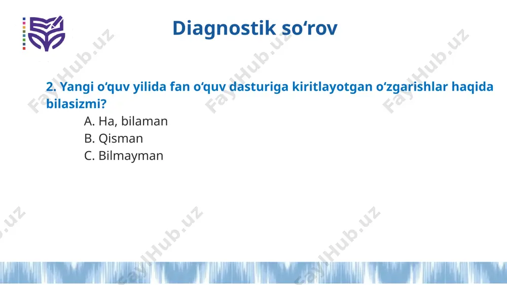 9.04. doira yuzini chamalab topish m6.g9.05. doira yuzini topish m7.g9.01. parallelogrammning perimetri va yuzini hisoblash m9.g9.01. s = bc sina - formuladan foydalanib uchburchakning yuzini topish amaliy mashg‘ulot darslikdan biror mavzuni tanlang. shu mavzu bo‘yicha o‘tiladigan darsning o‘quv maqsadlarni aniqlang. matematika fanidan o‘quv-uslubiy majmua tarkibi: 1. darslik 2. mashq daftari 3. o‘qituvchi uchun uslubiy qo‘llanma 4. multimedia ilovalari: (ishlab chiqilmoqda) i-darslik, interaktiv ilovalar, videodarslar, animatsiyalar, elektron resurslar 1- amaliy topshiriq (5 minut). . 1. qo‘lingizdagi yangi darslik, mashq daftari va o‘qituvchi kitoblarini diqqat bilan qarab chiqing. 2. uning qaysi jihatlari diqqatingizni tortdi? mashq daftari tuzilishi va mazmuni o‘qituvchi kitobining tuzilishi va mazmuni o‘qituvchi kitobining tuzilishi va mazmuni o‘qituvchi kitobining tuzilishi va mazmuni 2- aqliy hujum (10 minut) 5-6-sinf “aha! matematika” darsliklari bo‘yicha o‘qitish metodikasida qanday yangiliklarga duch keldingiz? bu darsliklar nimasi bilan ajralib turadi? 5-6-sinfda matematika fanini o‘qitish metodikasidagi yangiliklar darslikning o‘ziga xos xususiyatlari va undan foydalanish bo‘yicha tavsiyalar matematikani …