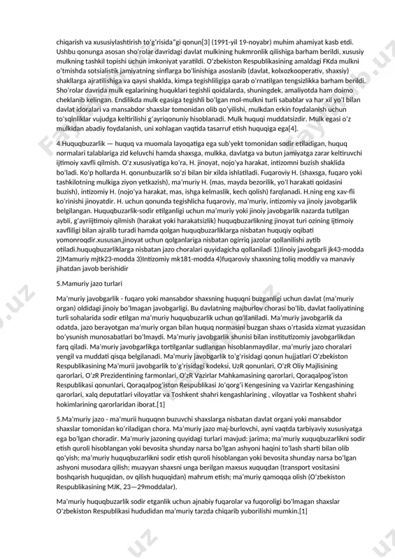 rdamga muhtoj qismini himoyalash; - sogdiqni saqlash va ta’lim tizimini qodlab-quwatlash;- aholini ijtimoiy ne’matlar bilan ta’minlash. siyosiy-huquqiy vazifalar:- fuqarolarning huquq va erkinliklarini himoya qilish;- qonuniylik va tartibni ta’minlash;- tinchlik va millatlararo totuvlikni saqlash. madaniy-ma’rifi у vazifalar:- ilm-fan, ta’limni rivojlantirish;- milliy madaniyatni va san’atnirivojlantirish.- moliyaviy vazifalar:- soliq tizimi va bojxona nazorati;- pul aylanmasi ustidan nazorat;- moliya sohasidagi boshqa faoliyatlar. xavfsizlik vahimoyalash borasidagi vazifalar:aholining huquq vaerkinliklarini ta’minlash;- tabiat muhofazasi;- mulk daxlsizliginta’minlash;- huquqiy tartibotni o‘rnatish 2. yuridik javobgarlik — huquqbuzarlikni sodir etgan shaxsning huquq normalariga asoslangan, o‘z qilmishi uchun javob berishi, davlat majburlov choralari ko‘rinishdagi oqibatlarga duchor bo‘lishi va ularni boshidan kechirishidir yoki boshqacha qilib aytganda huquqbuzarga nisbatan davlat qo‘llaydigan choralar. yuridik javobgarlikning maqsadi ijtimoiy munosabatlarni mustahkamlash, tartibga solish va muhofaza etishdir. yuridik javobgarlik qonuniylik, adolatparvarlik, jazoning muqarrarligi, maqsadga muvofiqlik, ayb uchun javobgarlik, bir huquqbuzarlik uchun ikki tomonlama javobgarlikka yo‘l qo‘yilmasligi kabi tamoyillarga asoslanadi. yuridik javobgarlik faqat qonunda belgilangan tartibda va vakolatli organning …
