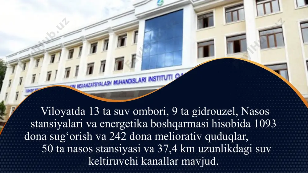 n.m3, foydali suv suv yig‘ish hajmi 3,0 mln.m3, loyka bosgan xajmi 0,5 mln. m3, parlanadigan yuzasi 1,5 km2. © copyright showeet.com © copyright showeet.com – creative & free powerpoint and google slides templates 16 8.“nug‘ayli” suv ombori – yakkabog‘ tumani xakikat xo‘jalik xududida bulib, tuman markazidan 10 km uzoqlikda joylashgan. paxtakor kanali orqali to‘ldiriladi va sug‘orish uchun foydalaniladi. foydalanishga topshirilgan yili 1975 yil, sug‘orishga bog‘langan maydon 500 ga. umumiy suv yig‘ish hajmi 3,0 mln.m3, foydali suv suv yig‘ish hajmi 2,5 mln.m3, loyka bosgan xajmi 0,5 mln.m3, parlanadigan yuzasi 0,58 km2, © copyright showeet.com © copyright showeet.com – creative & free powerpoint and google slides templates 17 9.“sho‘robsoy” suv ombori – kitob tumani j.turdiev xo‘jalik xududida bulib, tuman markazidan 6 km uzoklikda joylashgan. kaynar daryosi kuyi kismida kurilgan, sel va toshkin suvlarini sekinlashtiradi, kurgokchilik paytlarida anxor-2 kanali orqali kashkadaryo suvi bilan tuldiriladi. foydalanishga topshirilgan yili 1977 yil, sug‘orishga bog‘langan maydon 1001 …