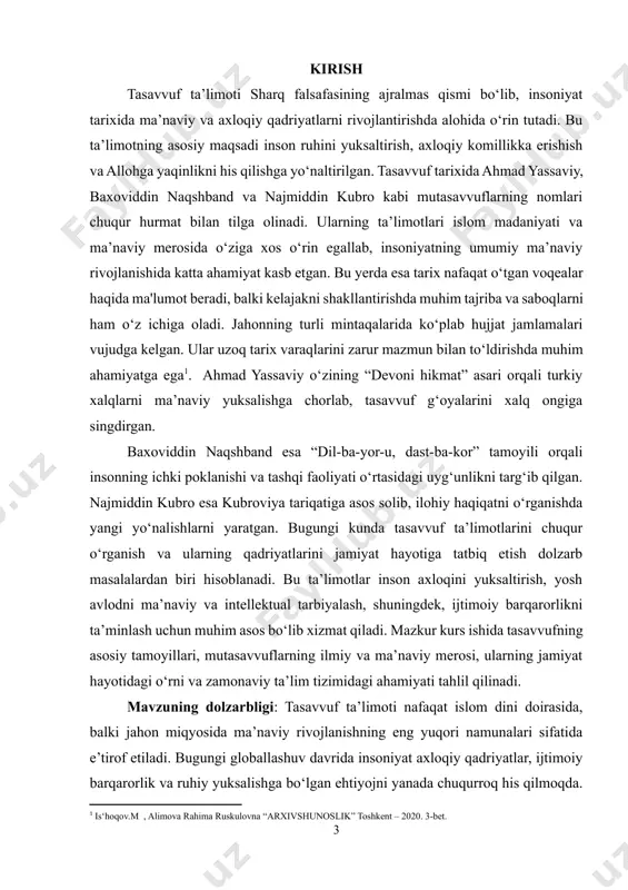 tizimiga tasavvufiy qadriyatlarni integratsiya qilish orqali yosh avlodni nafaqat bilimli, balki axloqiy va ma’naviy yetuk shaxs sifatida tarbiyalash imkoniyati yuzaga keladi. shu bois, tasavvuf ta’limoti va mutasavvuflar merosini o‘rganishning ahamiyati nafaqat ilmiy, balki ijtimoiy hayotda ham dolzarbligini yo‘qotmaydi. bu boradagi tadqiqotlar va amaliy ishlar jamiyatning barqaror rivojlanishiga salmoqli hissa qo‘shishi shubhasiz. mavzuning o‘rganilganlik darajasi: tasavvuf ta’limoti va uning namoyondalari bo‘lgan ahmad yassaviy[footnoteref:2], baxoviddin naqshband[footnoteref:3] va najmiddin kubro[footnoteref:4] faoliyati haqida ko‘plab ilmiy tadqiqotlar olib borilgan. bu boradagi izlanishlar nafaqat sharqda, balki g‘arbda ham katta qiziqish uyg‘otgan. sharqda tasavvuf mutasavviflari asarlari, ularning hayoti va ilmiy merosiga oid bir qator manbalar mavjud. jumladan, ahmad yassaviyning "devoni hikmat", baxoviddin naqshbandning "dil-ba-yor-u, dast-ba-kor" tamoyillari hamda najmiddin kubroning "favoyih ul-jamol va favotih ul-jalol" kabi asarlari bu borada asosiy manbalardan hisoblanadi. sharqshunos olimlar, jumladan, a. fitrat, e. rustamov, b. qosimov va n. hasanovlarning ilmiy ishlari tasavvuf mutasavviflari faoliyatini o‘rganishga bag‘ishlangan. shu bilan birga, g‘arb olimlari orasida annemari …