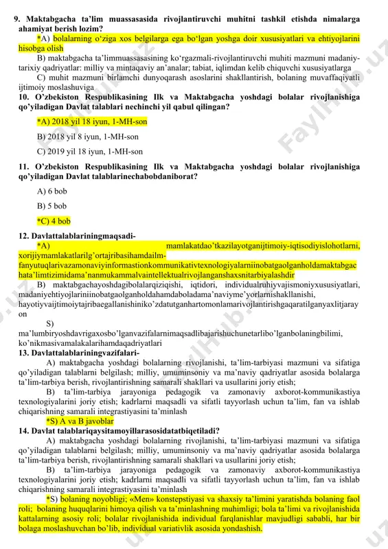 atlash c) bola rivojiga individual yondashuv, uning shaxsini hurmat qilish, uning manfaatlari ehtiyojlari va rivojlanish darajasini hisobga olish, hissiy qulaylik borasida g‘amxo‘rlik qilish, erkin ijodiy o‘z-o‘zini ko‘rsatishi uchun sharoitlar yaratish 7. dastur nechta asosiy bo‘limni qamrab oladi? a) 2 ta: mazmunlivamaqsadli *b) 3 ta: maqsadli, mazmunlivatashkiliy c) 5 ta: maqsadli, mazmunli, tashkiliy, kuzatishvaindividual yondashuv 8. rivojlantiruvchi muhit mazmunini ko’rsating: *a) maktabgacha ta’limmuassasasining ko‘rgazmali-rivojlantiruvchi muhiti mazmuni madaniy-tarixiy qadriyatlar: milliy va mintaqaviy an’analar; tabiat, iqlimdan kelib chiquvchi xususiyatlarga mos bo‘lishi lozim; b) muhit mazmuni birlamchi dunyoqarash asoslarini shakllantirish, bolaning muvaffaqiyatli ijtimoiy moslashuviga yordam berishi lozim. c) to’g’ri javob yo’q 9. maktabgacha ta’lim muassasasida rivojlantiruvchi muhitni tashkil etishda nimalarga ahamiyat berish lozim? *a) bolalarning o‘ziga xos belgilarga ega bo‘lgan yoshga doir xususiyatlari va ehtiyojlarini hisobga olish b) maktabgacha ta’limmuassasasining ko‘rgazmali-rivojlantiruvchi muhiti mazmuni madaniy-tarixiy qadriyatlar: milliy va mintaqaviy an’analar; tabiat, iqlimdan kelib chiquvchi xususiyatlarga c) muhit mazmuni birlamchi dunyoqarash asoslarini shakllantirish, bolaning muvaffaqiyatli ijtimoiy …
