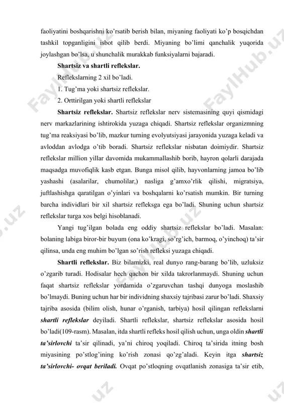 buning uchun har bir individning shaxsiy tajribasi zarur bo’ladi. shaxsiy tajriba asosida (bilim olish, hunar o’rganish, tarbiya) hosil qilingan reflekslarni shartli reflekslar deyiladi. shartli reflekslar, shartsiz reflekslar asosida hosil bo’ladi(109-rasm). masalan, itda shartli refleks hosil qilish uchun, unga oldin shartli ta’sirlovchi ta’sir qilinadi, ya’ni chiroq yoqiladi. chiroq ta’sirida itning bosh miyasining po’stlog’ining ko’rish zonasi qo’zg’aladi. keyin itga shartsiz ta’sirlovchi- ovqat beriladi. ovqat po’stloqning ovqatlanish zonasiga ta’sir etib, shartsiz so’lak ajralish refleksi yuzaga keladi. buni bir necha marta takrorlanganda, bosh miyaning ko’rish zonasi bilan ovqatlanish zonasi orasi- 102-rasm. shartli refleksning hosil bo’lishi. a – shartsiz so’lak ajratish refleksi; b – shartli ta’sirlagich bilan ta’sirlash; c – yorug’likka shartli refleks hosil qilish obyekti; d – yorug’likka hosil bo’lgan shartli refleksning ko’rinishi. 1 – til retseptorlari; 2 – uzunchoq miyadagi so’lak ajratish markazi; 3 – so’lak bezi; 4 – ko’zning retseptorlari; 5 – ko’ruv yo’li; 6 – ko’ruv va ovqatlanish markazlari orasidagi vaqtinchalik …