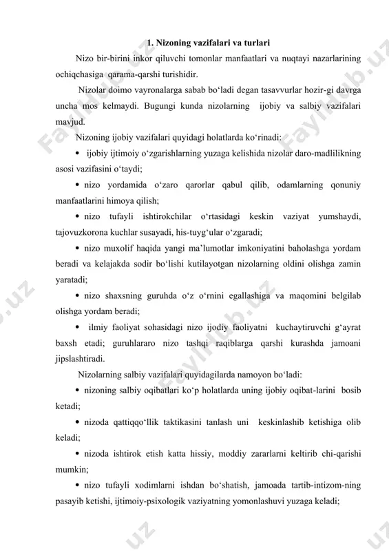 nosabat susayadi; · biznesga doir munosabatlarni tiklash qiyin kechadi. nizo manfaatlarning ehtimoliy farqlanishi sifatida ikki tomonning talabini qoniqtiruvchi muqobil yo‘l yo‘qligi tufayli yuzaga keladi. ko‘p holatlarda bu bir yoki har ikki tomon talablari me’yordan ortiqcha bo‘l-ganda, yuzaga keladi. agar bir tomon o‘z talabini qonuniy deb hisob-lasa, unda nizo yanada keskin tus oladi. nizoning yuzaga kelishiga yana bir qator sabablar turtki bo‘ladi. 1. huquq, majburiyat va mas’uliyat nisbatlarining noaniqliqligi, lavozim ko‘rsatmalarining yo‘qligi yoki uning sifati pastligi ishlab chi-qarish topshiriqlarini taqsimlashda noaniqlikka olib keladi. 2. tashkillashtirishda qadriyatlar tizimining moslashmaganligi (tashkiliy madaniyatning qarama-qarshi turi). bu esa tashkillashtirishda ijtimoiy me’yorlarning susayishiga olib keladi va ba’zi bir xodimlarning boshqa xodimlar tomonidan kutayotgan harakatlarida nomuvofiqlik kuzatiladi. 3. kuchlar nisbatini baholashdagi noaniqlik. bu har bir tomon o‘z kuchini ortiqcha baholashiga olib keladi. 4. “hamma narsaga ega bo‘lish yoki hamma narsadan voz kechish” tarzida fikrlash. bunday holatda har bir tomon o‘z yutug‘ini raqib tomonning mag‘lubiyati, raqib tomonning yutug‘ini …