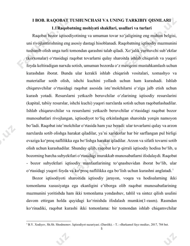 da tartibga solinadi. raqobatning resurslari joylashtirish vazifasi ishlab chiqarish omillarini ular eng ko‘p samara beradigan korxona, hudud va mintaqalarga oqilona joylashtirish imkonini beradi. raqobatning innovatsion vazifasi fan-texnika taraqqiyoti yutuqlariga asoslanuvchi hamda bozor iqtisodiyoti subyekdarining rivojlanishini taqozo etuvchi turli ko‘rinishdagi yangiliklaming joriy etilishini anglatadi. raqobatning moslashtirish vazifasi korxona (firma)laming ichki va tashqi muhit sharoitlariga ratsional tarzda moslashishiga yo‘naltirilgan bo‘lib, ulaming shunchaki o‘zini-o‘zi saqlab, iqtisodiy jihatdan yashab qolishidan xo‘jalik faoliyati sohalarining ekspansiyasi (kengayishi) ga o‘tishini bildiradi. raqobatning taqsimlash vazifasi ishlab chiqarilgan ne’matlar yalpi hajmi (yalpi ichki mahsulot) ning iste’molchilar o‘rtasida taqsimlanishiga bevosita va bilvosita ta’sir o‘tkazadi. raqobatning nazorat qilish vazifasi bozordagi ba’ziishtirokchilaming boshqa bir ishtirokchilar ustidan monopolistik hukmronlik o‘rnatishiga yo‘l qo‘ymaslikka yo‘naltiriladi. raqobat kurashining mazmuni to‘g‘risida to‘laroq tushunchaga ega bo‘lish uchun uning asosiy shakllari va belgilarini kо‘rib chiqish zarur. o‘z miqyosiga ko‘ra raqobat ikki turga - tarmoq ichidagi va tarmoqlararo raqobatga bo‘linadi. tarmoq ichidagi raqobat tovar ishlab chiqarish va sotishning qulayroq sharoitiga …