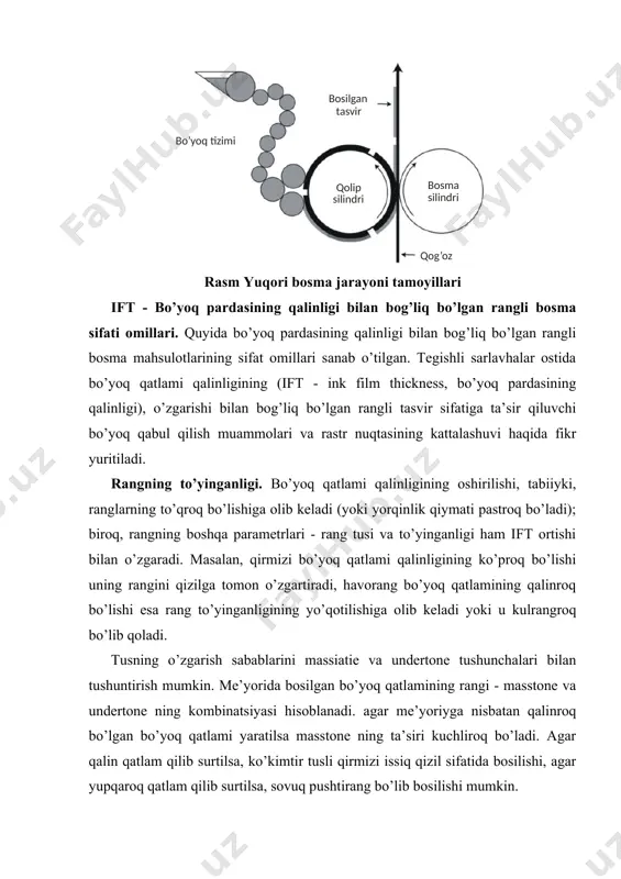 odir bo’ladi. kam to’yinganlikdagi ranglar plashkalarga nisbatan kulrangroq bo’lish tendensiyasiga ega. qo’polroq rastr to’ridan foydalanilganda, qoplamali bosiluvchi materialdan foydalanilganda va bo’yoq qalinroq qatlamda surtilganda bu effekt ayniqsa sezilarli bo’lib qoladi. tasvirning keskinligi. bo’yoq qatlami qalinligining ortishi, o’z navbatida, tasvirning to’liq kontrastini (dmax - dmin) va shunga muvofiq, uning keskinligini oshiradi. bo’yoq qatlamining qalinligini sozlash. tekis va yuqori bosmada bo’yoq qatlamining qalinligi bo’yoq pichog’i tig’ini uzoqlashtirish (bo’yoq pichog’i va duktor silindri orasidagi tirqishni o’zgartirish), duktor valigi oladigan bo’yoqni ko’paytirish yoki duktor valigining tebranish chastotasini oshirish yo’li bilan oshirilishi yoki kamaytirilishi mumkin. chuqur bosma uchun bo’yoq qatlamining qalinligi bosma uskunasida rakel pichog’i tig’ining kontakt burchagini kamaytirish yoki o’tmasroq yoki qalinroq tig’li rakel pichog’idan foydalanib ko’paytirilishi mumkin. silindrdagi chuqurroq katakchalar ham qalinroq bo’yoq qatlamiga erishishga imkon beradi. fleksografiyada aniloks valigining liniaturasi, rakel pichog’ining sozlanishi va konfiguratsiyasi (xuddi chuqur bosmadagi singari), bo’yoqning qovushqoqligi, qolipning tuzilishi, bosishdagi bosim va bo’yoq valigining yumshoqligi bo’yoq qatlamining qalinligiga …