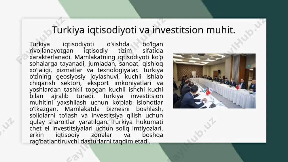 orijiy investorlarga bozorni kengaytirish va iqtisodiy barqarorlikni oshirish imkoniyatlarini yaratadi. turkiya davlatining chet el investitsiyalariga bo‘lgan siyosati turkiya davlatining chet el investitsiyalariga bo‘lgan siyosati mamlakatning iqtisodiy o‘sishini qo‘llab-quvvatlash, yangi texnologiyalarni joriy etish, ish o‘rinlarini yaratish va xalqaro iqtisodiy integratsiyani kuchaytirishga qaratilgan. turkiya hukumati chet el investitsiyalarini jalb qilish uchun bir qator strategiyalarni amalga oshirmoqda. ushbu siyosatning asosiy maqsadi mamlakatning iqtisodiy salohiyatini oshirish va xorijiy kapitalni jalb qilish orqali uzoq muddatli barqaror rivojlanishni ta’minlashdir. turkiya chet el investitsiyalari uchun ijobiy muhit yaratish maqsadida bir nechta qonun va tartiblarni joriy qilgan. bularning eng muhimlaridan biri "chet el investitsiyalariga oid qonun" bo‘lib, bu qonun chet el investorlariga soliq imtiyozlari, mulk huquqi, investitsiya qilish erkinligi va boshqa rag‘batlantirishlarni taqdim etadi. shuningdek, mamlakatda erkin iqtisodiy zonalar yaratish va investitsiya qilishni qo‘llab-quvvatlash uchun zarur infratuzilma ta’minlanmoqda. turkiya hukumati, shuningdek, chet el investorlari uchun barcha kerakli ma’lumotlarni taqdim etish, shaffoflikni ta’minlash va ularning huquqlarini himoya qilishni o‘z …