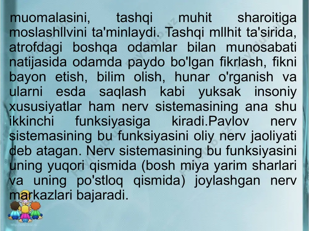 ng po'stloq qismi kiradi. bajaradigan funksiyasiga ko'ra, nerv sistemasi ikki qismga bo'linadi: somatik va vegetativ nerv sistemasi. somatik nerv sistemasi odam tanasining sezgi organlari, skelet muskullari ishini boshqaradi. vegetativ nerv sistemasi ichki organlar (nafas olish, qon aylanish, ovqat hazm qilish, ayirish va hokazo) hamda ichki sekretsiya bezlari ishini boshqaradi. orqa miya. orqa miyaning tuzilishi. orqa miya umurtqa pog'onasi kanalida joylashgan bo'lib, uzunligi katta odamda 40-45 sm, massasi 30-40 g bo'ladi (2- rasm). orqa miyada 13 mln dan ko'proq nerv hujayralari bor. nerv hujayralarining tanasi 0,1 mm dan oshmaydi, lekin ba'zi nerv hujayralari tolasining uzunligi 1,5 m gacha yetadi. orqa miya uch qavat parda bilan o'ralgan. tashqi qavati qattiq, o'rta qavati o'rgimchak to'rsimon va ichki qavati yumshoq parda bo'ladi. o'rta va ichki parda orasida orqa miya suyuqligi bo'ladi. orqa miyaning yuqori qismi birinchi bo'yin umurtqasiga to'g'ri keladi va bosh miyaning pastki qismi bo'lgan uzunchoq miyaga tutashadi, pastki qismi 1-2- bel umurtqalari …