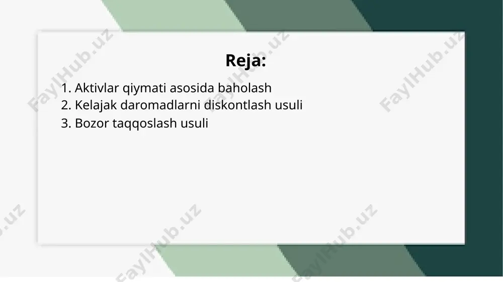 yalari va boshqa omillar hisobga olinadi. keyin diskont stavkasi aniqlanadi. diskont stavkasi bu kelajakdagi pul oqimlarini hozirgi qiymatga keltirish uchun ishlatiladigan foiz ko‘rsatkichidir. u odatda kompaniyaning tavakkalchilik darajasiga va bozor sharoitlariga bog‘liq bo‘ladi. kelajak daromadlarni diskontlash usuli biznes qiymatini aniqlashda kelajakda kutilayotgan pul oqimlarini hozirgi qiymatga keltirishga asoslanadi. bu yondashuv biznesning rentabelligi va kelajakdagi foyda olish salohiyatini inobatga olgani uchun investorlar va moliyaviy tahlilchilar tomonidan keng qo‘llaniladi. bu usulni qo‘llash jarayoni bir necha bosqichdan iborat. avvalo, kompaniyaning kelajakda ishlab topishi kutilayotgan daromadlari prognoz qilinadi. ushbu prognoz kompaniyaning oldingi moliyaviy natijalari, bozor sharoitlari va kelajakdagi o‘sish sur’atlari asosida tuziladi. 2. bozor taqqoslash usuli bozor taqqoslash usuli (market comparison method) – bu mulk yoki ob'ektning narxini o'rganishda qo'llaniladigan yondashuvdir. ushbu usulda, tahlil qilish uchun shunga o'xshash yoki bir xil turdagi mulklar bozorida sodir bo'lgan savdolarni yoki takliflarni solishtirish asosida narxlar aniqlanadi. bu usulda asosiy e'tibor ob'ektning o'xshash xususiyatlariga ega bo'lgan boshqa mulklarning …