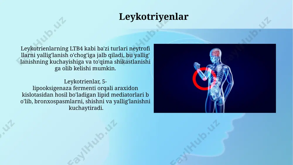 arini yallig'langan joyga yo'naltiradi. koagulyatsiya kaskadining omillari koagulyatsiya kaskadining omillari, masalan, v va viii omillar, yallig'lanish mediatorlari sifatida ham harakat qilib, leykotsitlarning migratsiyasi va yallig'lanish reaksiyasini kuchaytiradi. koagulyatsiya kaskadining faollashuvi jarayonida trombin fermentining 10 ga yaqin turdagi koagulyatsiya omillarini faollashtirishi natijasida fibrinogen fibrin tolalariga aylanadi, bu esa tromb hosil bo'lishini ta'minlaydi. davolash maqsadlari yallig'lanish mediatorlarini maqsadli inhibisyoniga qaratilgan 100 dan ortiq kichik molekulali dorilar klinik tadqiqotlarda o'rganilmoqda, ularning 20% dan ortig'i klinik sinovlardan o'tgan. sitokinlarning yallig'lanish ta'siriga qarshi anti-sitokin terapiyasi samaradorligi 50% ga yaqin bemorlarda kuzatilgan, ammo ba'zi hollarda jiddiy yon ta'sirlar kuzatilishi mumkin. nitrik oksid no, yallig'lanish mediatorlari sifatida, siklooksigenaza-2 (cox-2) ning ifodasini tartibga soladi va shu bilan prostaglandinlarning hosil bo'lishini 20-30% ga o'zgartiradi. nitrik oksid (no) yallig'lanish jarayonida ikki tomonlama rol o'ynaydi, past konsentratsiyalarda vazodilatatsiyaga va yuqori konsentratsiyalarda esa yallig'lanishni kuchayishiga olib keladi. komplement tizimi komplement tizimining c5a komponenti kuchli kemotaktik omil bo'lib, leykotsitlarni yallig'lanish joyiga jalb qiladi …