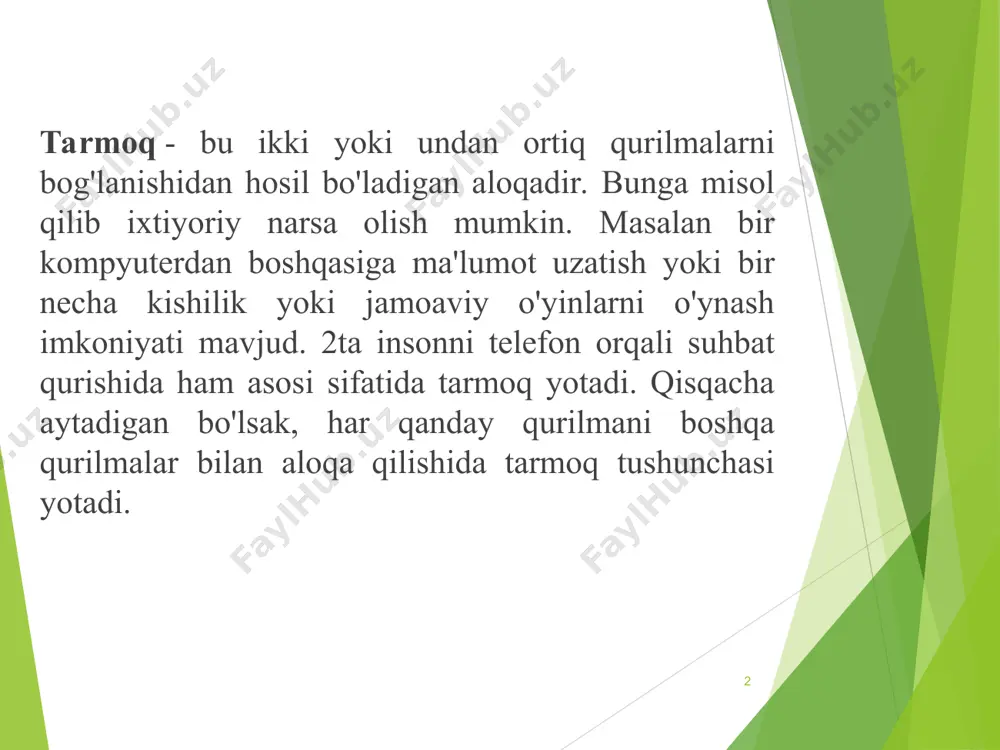 moqlarda telefon aloqa liniyalarda, radioaloqa va sputnik aloqa tizimlari asosida amalga oshiriladi. * * kompyuterlarni mahalliy tarmoqqa ulashning uch ko`rinishi mavjud: * halqasimon y halqasimon bog`lanishda kompyuterlar yopiq chiziq bo`yicha bog`langan bo`ladi. tarmoqning kirish qismi chiqish qismi bilan ulangan bo`ladi. axborot halqa bo`yicha kompyuterdan kompyuterga o`tadi. shinali * tarmoqning shinali bog`lanishida ma’lumotlar uzatuvchi kompyuterdan shina bo`yicha har ikki tomonga uzatiladi yulduzsimon * yulduzsimon bog`lanishda markaziy kompyuter mavjud bo`lib, unga qolgan barcha kompyuterlar bog`langan bo`ladi. * etiboringiz uchun raxmat