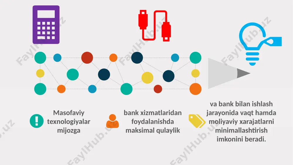 hаmkorbаnk" аksiyаdorlik tijorаt bаnki mа’lumotlаri. www.presentationgo.com © presentationgo.com by: .com mobil banking www.presentationgo.com © presentationgo.com by: .com internet-banking texnologiyasi asosida yaratiladi. sms-banking bu bank mijozlarga ularning depozit hisobvaraqlaridagi hamda bank kartalariga ochilgan hisobvaraqlaridagi operatsiyalar haqida sms ko‘rinishdagi ma’lumotlarni olish tizimidir. mijoz uchun sms-banking xizmati quyidagi amallarni bajarish imkoniyatlarini beriladi: hisobvarag‘idan ma’lumot olish uchun mijoz bankning maxsus telefon raqamiga belgilangan sms-so‘rovni yuborish kerak. to insert your own icons*: insert >> icons (*only available to office 365 subscribers) www.presentationgo.com © presentationgo.com by: .com © copyright presentationgo.com – the free powerpoint and google slides template library 18 hisobvarag‘iga kelib tushgan mablag‘lar; hisobvarag‘idan qilingan xarajatlar; hisobvaraq balansi; kun davomida o‘tkazilgan bank operatsiyalari haqida operativ ma’lumot olish. hamkor mobile ilovasi ilovadan ro’yxatdan o’tish fikrimizcha, innovatsion va axborot texnoligiyalari orqali faoliyat yuritadigan xo‘jalik yurituvchi subyektlarini rivojlantirish bo‘yicha tijorat banklari tomonidan quyidagi chora-tadbirlarning bajalishiga alohida e’tibor qaratish lozim: ■ o‘zbekiston bank amaliyotida innovatsion onlayn kreditlash xizmatlarini yo‘lga …