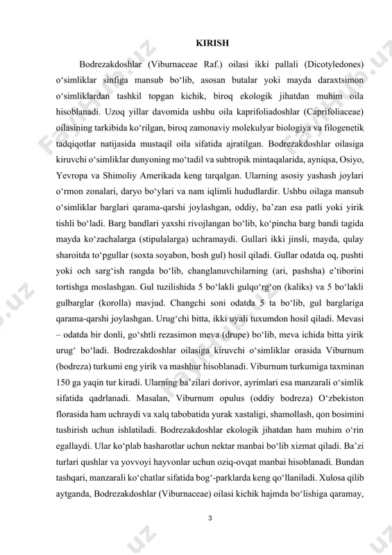 gchi soni odatda 5 ta bo‘lib, gul barglariga qarama-qarshi joylashgan. urug‘chi bitta, ikki uyali tuxumdon hosil qiladi. mevasi – odatda bir donli, go‘shtli rezasimon meva (drupe) bo‘lib, meva ichida bitta yirik urug‘ bo‘ladi. bodrezakdoshlar oilasiga kiruvchi o‘simliklar orasida viburnum (bodreza) turkumi eng yirik va mashhur hisoblanadi. viburnum turkumiga taxminan 150 ga yaqin tur kiradi. ularning ba’zilari dorivor, ayrimlari esa manzarali o‘simlik sifatida qadrlanadi. masalan, viburnum opulus (oddiy bodreza) o‘zbekiston florasida ham uchraydi va xalq tabobatida yurak xastaligi, shamollash, qon bosimini tushirish uchun ishlatiladi. bodrezakdoshlar ekologik jihatdan ham muhim o‘rin egallaydi. ular ko‘plab hasharotlar uchun nektar manbai bo‘lib xizmat qiladi. ba’zi turlari qushlar va yovvoyi hayvonlar uchun oziq-ovqat manbai hisoblanadi. bundan tashqari, manzarali ko‘chatlar sifatida bog‘-parklarda keng qo‘llaniladi. xulosa qilib aytganda, bodrezakdoshlar (viburnaceae) oilasi kichik hajmda bo‘lishiga qaramay, biologik xilma-xilligi, ekologik va xo‘jalikdagi ahamiyati bilan ajralib turadi. ular nafaqat tabiiy landshaftlarda, balki inson faoliyati bilan bog‘liq hududlarda ham muhim rol o‘ynaydi. …