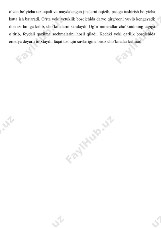 chma to‘planishi uchun noqulaydir. qirrali zamin slanes kabi qavatqavat jinslarga xos va ayniqsa, qirrali suvning oqimiga ko‘ndalang bo‘lsa, uzun va boy sochmalar hosil qiladi. to‘lqinli yoki o‘nqircho‘nqir zamin karstlashgan karbonat jinslari va shu kabilarga xos bo‘lib, sochma hosil bo‘lishi uchun eng qulay hisoblanadi. sochmalar bir necha qavatdan iborat bo‘lgan murakkab konlarda yuqoridagi zaminlar soxta zamin deb ataladi. shag‘al qatlami umuman xarsang, tosh, qum va qisman gil mahsulotlarining arashmasidan iborat bo‘lib, foydali qazilma qatlamini tashkil qiladi. gil qatlami – gil, qisman qum va shag‘aldan iborat bo‘lgan ma’dansiz qatlamdir. bu xildagi sochma oltin konlariga misol qilib g‘arbiy o‘zbekistondagi ustuk, otquloq va boshqa o‘zan sochmalarini, temirqobiq, keskansoy va boshqa vodiy sochmalarini, kattaich, oqcho‘p va boshqa terrasa sochmalarini keltirish mumkin. qirg‘oqbo‘yi sochmalari daryolarning burilish joyidagi suv o‘rab turadigan yassi qirg‘oqlarda, orolchalarda suvning yuqori qismi hisobiga hosil bo‘lib, kichik-kichik linzasimon to‘plamlardan iborat bo‘ladi. ular mayda va yupqa minerallarning qum va shag‘al ustidagi sochmalari bo‘lib, bir …