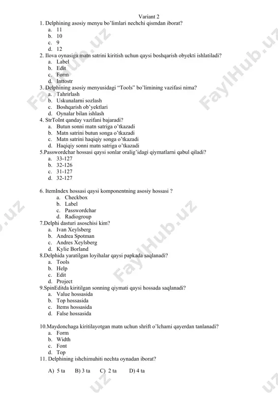i? a. form b. width c. font d. top 11. delphining ishchimuhiti nechta oynadan iborat? a) 5 ta b) 3 ta c) 2 ta d) 4 ta 12.delhi dasturi qanday ishga tushiriladi? a) пуск - delphi7 b) пуск-всепрограммы-borland delphi 7 - delphi7 c) пуск -borland delphi 7 d) пуск – стандартные- borland delphi 7 13.kichiknashriyot deganda nima tushuniladi a)pragrammaviy texnik vositalarini tayyorlashga tushuniladi b) to’g’ri javob yo’q c) a va d javoblarto’g’ri d)shaxsiy kompyuter pragrammaviy texnik vositalari hamda turli tuman chop qiluvchi va boshqa qo’shimcha qurilmalari orqali bosma mahsulotlarni tayyorlash jarayoniga tushuniladi 14.page maker dasturiqaysi firma tomonidan yaratilgan? a) aldus firmasi b) corporation firmasi c) aldus corporation firmasi d)to’g’ri javobyo’q 15.page maker dasturiqandaydastur? a)iqtisod b)soliq c)nashriyot d)ta’lim 16.page maker dasturida yangi hujjat tayyorlashda qaysi buyruq tanlanadi a)open b)new c)close d)save 17.1c buxgalteriya dasturida qaysi ishlar bajarilmaydi? a)tijorat savdosini hisobi b)oila byudjetining hisobi c)bank va kassa ishlarinig hisobi d)oyliklarning va kadrlarning …