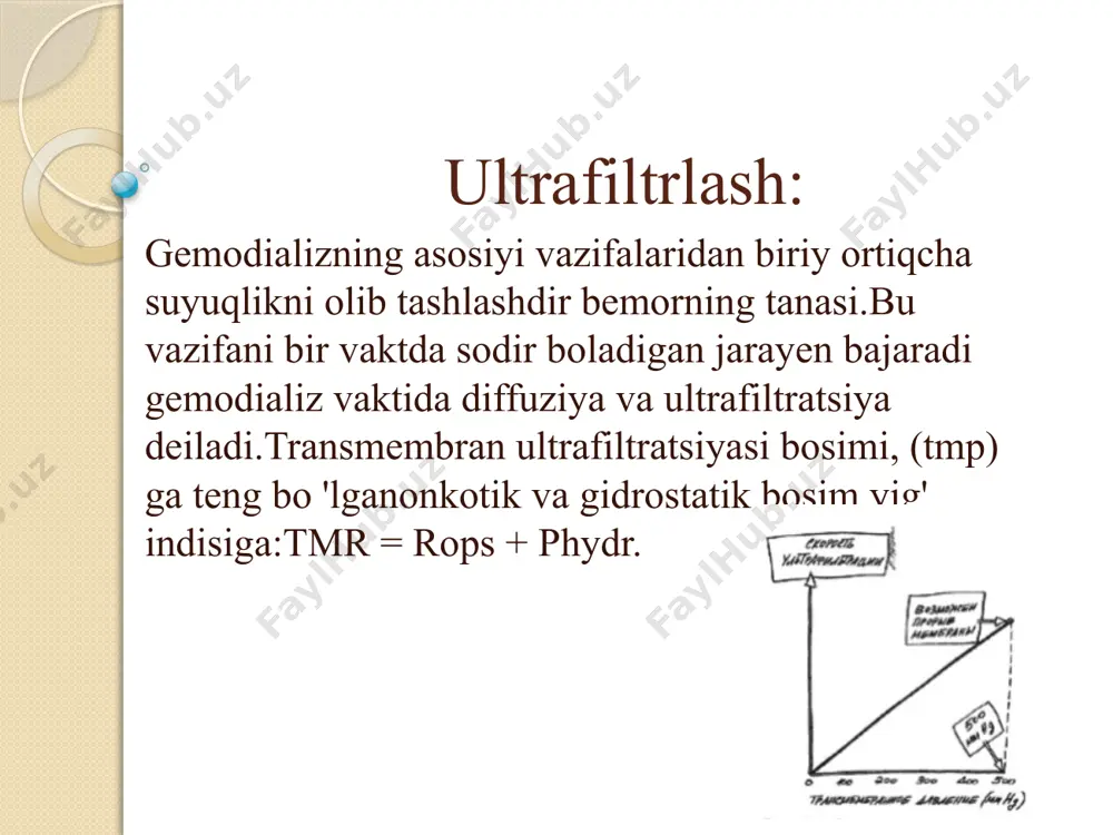 ratsiyasining yomonligi, mumkin yemasligi aniq boʼlganda ortiqcha suyuqlikni va hiperhidratsiyani butunlay olib tashlash uchun xavfli hisoblanadi ; *giperhidratatsiya tufayli yurak yetishmovchiligi va oʼpka shishi; *vaqtinchalik murosasizlik jarrohlik yoki interkurent kasallik tufayli diyaliz ultrafiltratsiya qilish; "quruq" ogʼirlikni aniq aniqlash. *shunday qilib, iuf har doim suvsizlanishning majburiy usulidir.iufning gemodializ ultrafiltratsiyasiga qaraganda yaxshiroq muhosaba qilish sabablari: *dializatning taʼsiri yoʼq, qaysi gipotonikplazma bilan solishtirish; * asetatning taʼsiri yoʼq, bu hipotenziv taʼsir koʼrsatadi; *katexolaminlarni iuf paytida dializatsiyaga sezilarli darajada chiqarish yoʼq. e’tiboringiz uchun rahmat!!! image2.jpeg image3.png image4.png image5.png