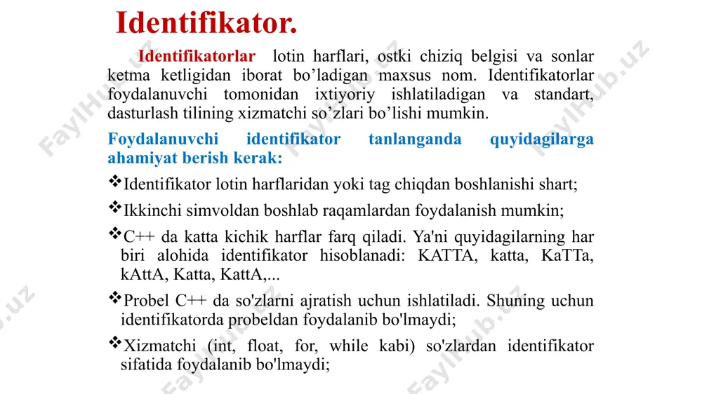 rish, qiymat berish bilan (*=); bo’lish, qiymat berish bilan (/=); bo’lib qoldiqni olib, qiymat berish bilan (%=) bu holatlarning umumiy ko’rinishi = c++ dasturlash tilidagi dasturning umumiy ko‘rinishi quyidagicha: c++ dasturlash tilida dasturning umumiy tuzilishini quyidagi oddiy dastur yordamida tushuntiramiz: c++ dasturlash tilida har qanday dastur 1-satr bilan boshlanadi. bunda # include (o‘z ichiga olmoq) so‘zi ma’lumotlarni kiritish va chiqarish (o‘qish va yozish) funksiyalari va ularning o'zatuvchilari e’loni joylashgan sarlavha faylini dasturga qo'shadi. yozuvi quyidagicha ma’noni bildiradi: i (input - kirishi (o‘qish)), o (output - chiqarish (yozish)), stream - oqim (ya’ni ma’lumotlar oqimi), h (head - sarlavha). 1. #include 2-satrda keltirilgan using namespace std; buyrug’i dastur davomida standart nomlar fazosidan foydalanishni anglatadi. agar bu buyruq yozilmasa ma'lumotlarni kiritish std::cin>> , ma'lumotlarni chiqarish std::cout sarlavha faylida aniqlangan cout operatoridan foydalanilgan bo‘lib, undan dasturning xotiradagi natijasini ekranga chiqarish maqsadida foydalaniladi. bu operatordan keyin qiymati ekranga chiqarilayotgan barcha o‘zgaruvchilar hech qanday tinish belgilarisiz …