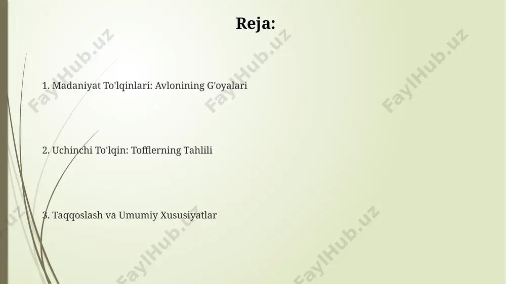 iga yangicha ta'sir ko'rsatmoqda. axborot jamiyatining rivojlanishi madaniy ta'sirning 3 asosiy yo'nalishini – globalizatsiya, diversifikatsiya va individualizatsiyani tezlashtirdi, bu esa 21-asr madaniy landshaftini shakllantirmoqda. "uchinchi to'lqin" asarining mazmuni avloniyning “turkiy tilining manbalari” asari bilan solishtirganda, “uchinchi to’lqin” global miqyosda 3 milliarddan ortiq aholiga ta’sir ko’rsatgan ijtimoiy-iqtisodiy jarayonlarni tahlil qiladi. “uchinchi to’lqin”da toffler 3 ta asosiy to’lqinni – qishloq xo’jaligi, sanoat va axborot jamiyatini – ta’riflaydi, ularning har biri insoniyat tarixida tub o’zgarishlarni keltirib chiqargan. kitobda texnologiya taraqqiyoti, globalizatsiya va madaniy o’zgarishlar kabi omillar o’rtasidagi murakkab o’zaro bog’liqlik 20-asrning oxirlariga kelib 21-asrga o’tish davrida aniq ko’rsatiladi. "madaniyat to'lqinlari" asarining mazmuni kitobda ta'limning ahamiyati, zamonaviy fan va texnologiyalarning jamiyatga ta'siri, milliy madaniyatni rivojlantirish yo'llari kabi muhim masalalar tahlil qilinib, amaliy takliflar beriladi. asarda 19-asr oxiri va 20-asr boshlarida turkiston jamiyatida kuzatilgan ijtimoiy-madaniy o'zgarishlar, yangi g'oyalar va ta'limning ahamiyati keng yoritiladi, milliy uyg'onish g'oyalari muhim o'rin tutadi. аvloniy "madaniyat to'lqinlari"da 3 ta asosiy …