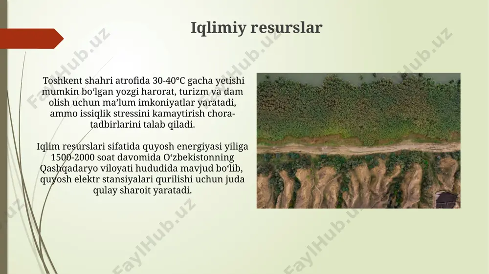 boshqarish va muhofaza qilishni ta’minlash maqsadida yangi texnologiyalarni qoʻllamoqda. qoraqalpogʻiston respublikasida 100 ming gektardan ortiq yer maydonida tuproq eroziyasini oldini olish boʻyicha amalga oshirilayotgan chora-tadbirlar tuproq unumdorligini saqlash va hosildorlikni oshirishga yordam bermoqda. qayta tiklanmaydigan resurslar qazilma yoqilgʻilar, masalan, neft va tabiiy gaz, qayta tiklanmaydigan resurslar boʻlib, dunyo boʻylab, xususan, saudiya arabistoni va rossiya kabi mamlakatlarda 100 yildan ortiq vaqtdan beri qazib olinadi. temir rudasi kabi metall rudalari, oʻzbekistonning olmaliq kabi hududlarida topiladi va bu qayta tiklanmaydigan resurslarning jahon miqyosidagi zahiralari taxminan 150 milliard tonnani tashkil qiladi, bu esa ularning cheklanganligini koʻrsatadi. biologik resurslar afrikaning serengeti milliy bog'i kabi himoyalangan hududlar 1000 dan ortiq sutemizuvchilar va 500 dan ortiq qush turlarini muhofaza qiladi, bu biologik xilma-xillikni saqlashga qaratilgan global sa'y-harakatlar uchun muhim ahamiyatga ega. o'rmonlar, masalan, amazon o'rmonlari, yer yuzasining taxminan 30% ni egallaydi va 200 000 dan ortiq o'simlik va hayvon turlariga uy bo'ladi, bu ularni biologik resurslarning muhim …