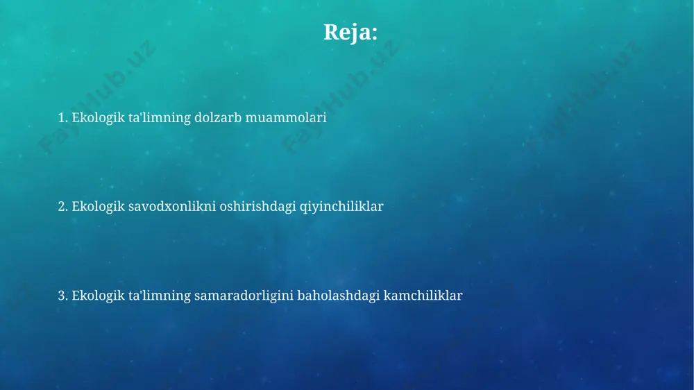 iatga chiqishlari va amaliy tadqiqotlar o'tkazishlari kamligi ekologik savodxonlikni pasaytiradi. ekologik ta'limning samaradorligi pastligi, 2022-yilgi ma'lumotlarga ko'ra, o'zbekistonning 5 ta viloyatida atigi 30% o'quvchilar atrof-muhitni muhofaza qilish bo'yicha etarli bilimlarga ega ekanligini ko'rsatmoqda. amaliy ekologik ko'nikmalarni shakllantirishdagi qiyinchiliklar farg'ona vodiysidagi suv resurslarini tejash bo'yicha amaliy mashg'ulotlarning kamligi o'quvchilarda suvni tejashga oid 5 dan kam ko'nikmani shakllantirishga olib kelmoqda. toshkent shahridagi maktablarning 70% da ekologik ta'limda amaliy mashg'ulotlar yetarli darajada o'tkazilmaydi, natijada o'quvchilar nazariy bilimlarga ega bo'lib, amaliy ko'nikmalarini shakllantirishda qiyinchiliklarga duch kelishadi. ekologik madaniyat darajasining pastligi oʻzbekistonning ayrim hududlarida, masalan, qashqadaryo viloyatida, aholining 70% dan ortigʻi ekologik madaniyatga oid asosiy tushunchalarga ega emas, bu esa atrof-muhitning ifloslanishiga olib keladi. 2022-yilgi tadqiqotlar shuni koʻrsatdiki, toshkent shahrida aholi orasida chiqindi ajratish boʻyicha bilim darajasi atigi 15% ni tashkil etadi, bu esa qattiq maishiy chiqindilar muammosini kuchaytiradi. ekologik bilimlarni yetkazishdagi kamchiliklar o'zbekistonning 50% maktablarda ekologik ta'lim faqat nazariy darajada o'qitilib, amaliy mashg'ulotlar va …