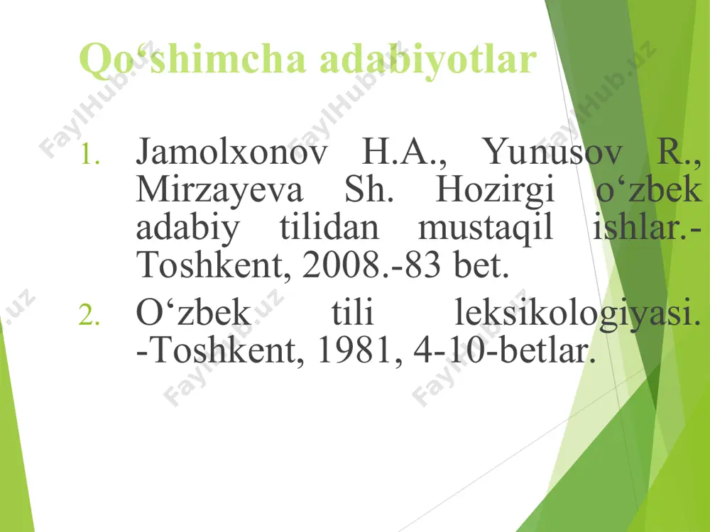 jarayonlarda lisoniy va nolisoniy (lingvistik va ekstralingvistik) omillarning ishtirokini o‘rganish; e) talabalarni leksikaga oid nazariy bilimlar bilan qurollantirish, ularda leksik-semantik tahlil ko‘nikmalarini shakllantirish. 4 leksikologiyaning turlari: umumiy leksikologiya xususiy leksikologiya 1. umumiy leksikologiyada barcha tillarning lug‘at boyliklaridagi umumiy holatlar, bu tizimlarning taraqqiyotini belgilovchi umumiy qonuniyatlar ko‘riladi. 2. хususiy leksikologiya хususiy leksikologiya muayyan bir tilning lug‘at boyligi o‘rganiladi: o‘zbek tili leksikologiyasi, rus tili leksikologiyasi, ingliz tili leksikologiyasi kabi. xususiy leksikologiyaning turlari: tavsifiy leksitavsifiy leksikologiyakologiya tarixiy lek tarixiy leksikologiyada sikologiya masalan: yog‘och- “daraхt” (eski o‘zbek tilida), “tayoq” (hozirgi o‘zbek tilida); chechak – “gul” (qadimgi va eski turkiy tillarda), “kasallikning bir turi” (hozirgi o‘zbek tilida), g‘am -“sevgi”, “muhabbat” (eski o‘zbek tilida), “tashvish” (hozirgi o‘zbek tilida) kabi. leksikologiyada lug‘at boyligining sistema sifatida o‘rganilishi: leksikologiyada tilning lug‘at boyligi sistema sifatida o‘rganiladi, chunki bu boylik so‘zlar va iboralarning oddiy, meхanik yig‘indisi emas, balki o‘zaro aloqada bo‘lgan, birining bo‘lishi ikkinchisining bo‘lishini taqozo qiladigan lugaviy birliklar va elementlar …