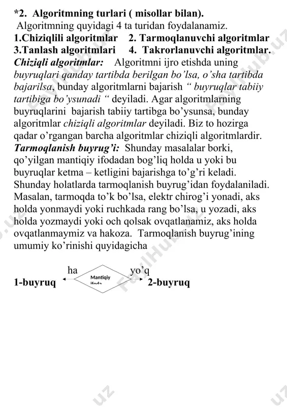 . tarmoqlanish buyrug’i: shunday masalalar borki, qo’yilgan mantiqiy ifodadan bog’liq holda u yoki bu buyruqlar ketma – ketligini bajarishga to’g’ri keladi. shunday holatlarda tarmoqlanish buyrug’idan foydalaniladi. masalan, tarmoqda to’k bo’lsa, elektr chirog’i yonadi, aks holda yonmaydi yoki ruchkada rang bo’lsa, u yozadi, aks holda yozmaydi yoki och qolsak ovqatlanamiz, aks holda ovqatlanmaymiz va hakoza. tarmoqlanish buyrug’ining umumiy ko’rinishi quyidagicha ( mantiqiy ifoda ) ha yo’q 1-buyruq 2-buyruq *3. sonlarni bir sanoq sistemasidan boshqa sanoq sistemasiga o’tkazish ( misollar bilan). informatikada asosan 16 lik sanoq sistemagacha ishlatiladi ya’ni 2,3,4,5,6,7,8,9,10,11,12,13,14,15 va 16 lik sanoq sistemalar hisoblanadi. 2 lik sanoq sistema faqat 0 va 1 dan teshkil topgan bo’ladi. 3 lik sanoq sistema faqat 0,1 va 2 dan tashkil topgan boladi va hokazo. 16 lik sanoq sistema esa 1, 2, 3, 4, 5, 6, 7, 8, 9, a, b, c, d, e va f lardan tashkil topgan bo’ladi. bulardan asosiy amallar bajarilishi oson …