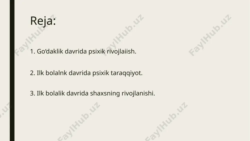 ojlanishiga olib keladi 3-7yoshli bolalar psixik rivojida badiiy-ijodiy faoliyat bulgan musikaning xam axamiyati xam juda katta. musika orkali bolalar ashula aytishga, musika oxangiga mos ritmik xarakatlar kilishga urganadilar. 3-7 yosh davrida bolalar asosiy faoliyati kuyidagi ketma-ketlikda keladi: 1. predmetlarni urganish, 2. individual predmetli uyinlar, kollektiv syujetli-rolli uyinlar, 3. individual va guruxiy ijod, 4. musobaka uyinlar, 5. mulokot uyinlar- 6. uy mexnati. ilk bolalik davrida psixik taraqqiyot. ilk bolalik davri.- go‘daklik davridan so‘ng rivojlanishning yangi bosqichi ilk bolalik (1-3 yosh) davri boshlanadi, ilk bolalik davri bola hayotidagi eng ahamiyatta molik, uiing kelajakdagi psixologik rivojlanishini belgilab beruvchi - muhim davr hisoblanadi. bu davrdagi rivojlanishning asosini bolaning to‘tri yurishi, mulohotta kirishishi va predmeatsh faoliyatni egallash xususiyatlari tashkil etadi. tikka va to‘g‘ri yura olish imkoni bolani, doimiy ravishda yangi ma’lumotlarni egallashga zamin bo‘ladi. bu yoshdagi bolalar o‘z xatti—harakatlari bilan juda faol va kattalar bilan muloqotga kirishishga intiluvchan bo‘ladilar. 3-7 yoshgacha bulgan davr bogcha yoshi …