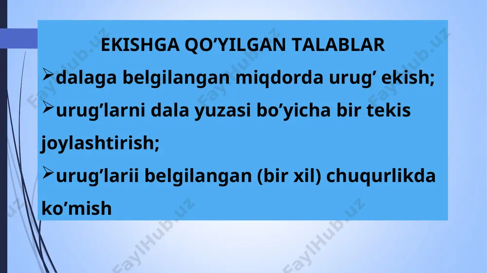 seyalkalari sxu-4 rusumli universal paxta seyalkasi smx-4 rusumli modulli paxta seyalkasi keys-1200 rusumli pnevmatik seyalka g’alla urug’ini ekish mashinalari don urug’larini ekish usullari: birinchi usul – sz-3,6; szn-3,6 va mahalliy dem-3,6 seyalkalari yordamida ochiq va pushta olingan maydonlarga ekish. ikkinchi usul - qayta jihozlangan kxu-4 paxta kultivatori yordamida g’o’za qator oralariga ekish. sz-3,6a rusumli seyalka dem-3,6 rusumli seyalka kxu-4 rusumli kultivator ekinlar urug’i ekishning texnologik jarayoni ekinlar urug’ini maqbul ko’mish chuqurligini asoslash qishloq xo’jaligi ekinlarining hosildorligini oshirishda eng muhim tadbirlardan biri urug’ ekish ishlarini belgilangan muddatlarda va maqbul chuqurlikka sifatli qilib ekishdan iborat. urug’larni ko’mish chuqurligi –chigit ekishda 3-6 sm, bug’doyda - 4-6 sm, kartoshkada-8-16 sm, sabzi, piyozda- 1,5-2 sm, saksaul urug’ini ekishda 0,5-1 sm bo’lib, urug’larning о’suvchan-lik energiyasi hamda tuproqning holatiga (namligi va harorati) bog’lik holda aniqlanadi. ekinlar urug’ini ekish usullari urug’larning quyidagi xususiyatlariga qarab ekish usullari tanlanadi: ekinlarning o’sish balandligi, hosildorligi, ularni parvarishlash xossalari (suvlida, lalmida, tuvakda, pushtaga, …
