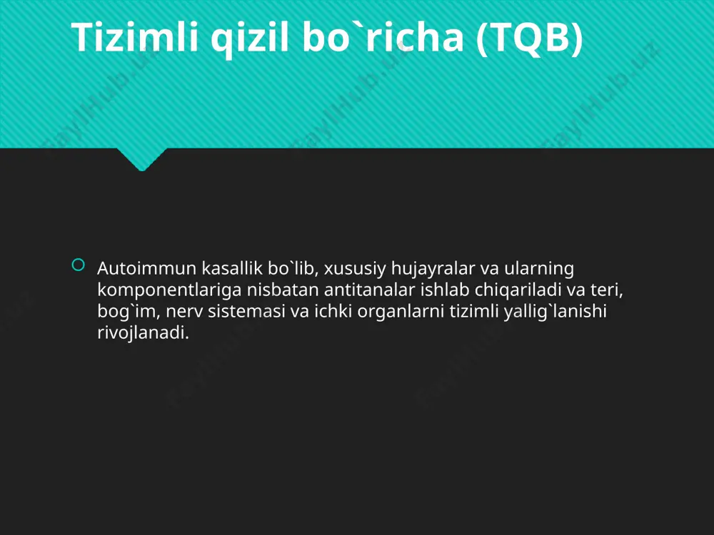 *10^9/l dan kam), limfopeniya (limfositlar 1,5*10^9/l dan kam), trombositopeniya (100*10^9/l dan kam). 10.immun buzilishlar. le-xujayraga test musbat. tabiiy dnk va rnkga qarshi antitanalar titri yuqori. 6 oy davomida sifilisga immobilizasiya reaksiyasi yoki flyuoressensiyalangan antitreponema antitanalarini absorbsiya testlariga yolgon musbat reaksiya. 11. antinuklear antitana. immunoflyuoressensiya yoki boshqa testlarda ana titrining yukoriligi. laborator tekshiruvlar qon umumiy tahlili peshob umumiy tahlili le hujayralar antinuklear antitanalar sik rf past titrlarda ekg exoks yurak-qon tomir, nafas, oshqozon-ichak, buyrak, markaziy asab tizimilarini laborator-instrumental tekshirish igg, igm qiyosiy tashxis tqb ga o`xshaydigan 40 ta kasallik mavjud, ayniqsa kasallik debyutida. 1. revmatoid artrit 2.utkir revmatik isita 3.tizimli sklerodermiya 4. tizimli vaskulitlar davolash glyukokortikosteroidlar intensiv terapiya puls terapiya kombinasiyalangan puls terapiya 4- aminoxinolin preparatlari delagil plakvenil yaqnv ekstrokorporal davolash usullari plazmaferez gemosorbsiya gemodializ tqbli bemorlarni davolashning dasturli usuli prognoz xozirgi kunda tkb ni prognozi ancha yaxshilandi. tashxis qo`yilgandan so`ng bemorlarnning xayoti davomiyligi 10 yildan so’ng 80%, 20 yildan so’ng …