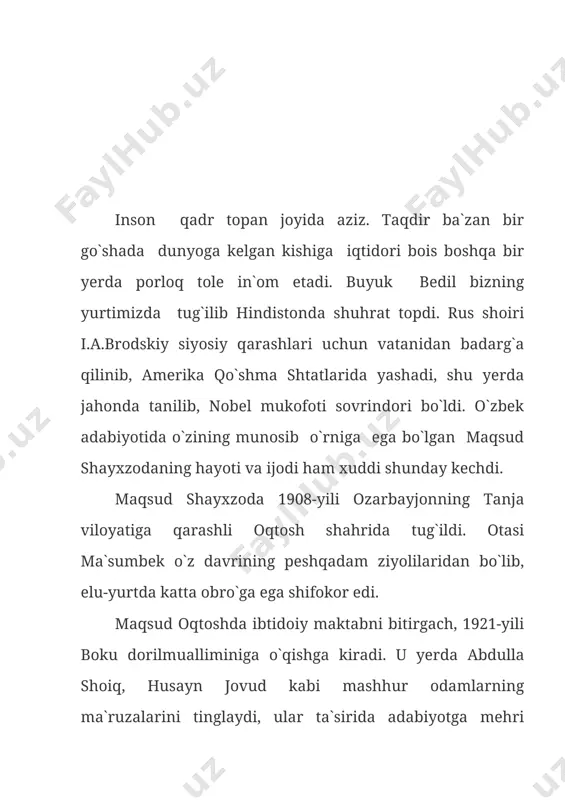 qoldi. maqsud shayxzodaning she`rlari 1929-yildayoq matbuotda ko`rindi. ammo uning o`zi bu she`rlarni hali chinakam poeziya namunasi deb hisoblamas edi. oradan ko`p o`tmay shayxzodaning birinchi to`plami “o`n she`r” bosilib chiqadi. keyin “undoshlarim” (1933), “uchinchi kitob” (1934), “jumhuriyat” (1935) kabi to`plamlari nashr etiladi. maqsud shayxzoda fikricha va iqroricha hayotdagi buyuk ne`matlardan biri she`riyat, tengsiz go`zalliklardan biri she`rdir. shuning uchun kerak, u she`riyatning deyarli barcha janrlarida samarali ijod qildi. oybek o`zining “o`zbek poeziyasining tarixiy taraqqiyoti to`g`risida” nomli maqolasida shunday yozadi: “shayxzoda she`rlarining fermasi rang-barangdir. u ruboiy, ballada, poema va lirik she`rlar formasidan foydalanadi”. urush yillarida shayxzodaning o`zbek tilida “kurash nechun?”, “jang va qo`shiq”, “ko`ngil deydiki...”, rus tilida “saaz”, “grozoyu rojdennie”, “serdtse govorit” kabi to`plamlari bosildi. urush yillarida shayxzoda ijodining yangi xususiyatlari nomoyon bo`ldi. bu yillarda shoir she`riyatining xalq hayoti bilan aloqasi mustahkamlanganligini, odamlarning ichki dunyosini, ma`naviy fazilatlarini yanada chuqur ocha boshlaganini ko`rasiz. ana shu yillarning mohiyatini ochuvchi “kurash nechun?”, jang qahramonlarini ulug’lovchi “kapitan …
