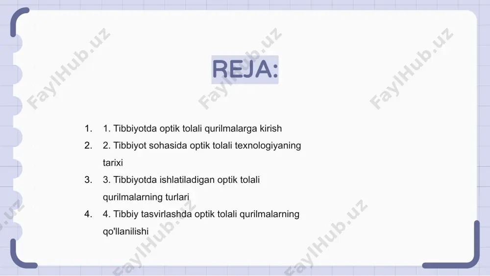 sog'liqni saqlash sohasida hal qiluvchi rol o'ynaydi, chunki ular turli xil tibbiy sharoitlarni aniq va samarali tashxislash va davolash imkonini beradi. bunday turlardan biri an'anaviy jarrohlik ehtiyojini kamaytiradigan minimal invaziv muolajalar uchun ishlatiladigan optik tolali endoskoplardir. tibbiyotda keng qo'llaniladigan yana bir turdagi optik tolali qurilmalar optik tolali sensorlardir. ushbu sensorlar tanadagi harorat, bosim va ph darajalari kabi turli parametrlarni aniqlash va o'lchash imkoniyatiga ega. keyinchalik bu ma'lumotlardan bemorlarni kuzatish va shaxsiylashtirilgan sog'liqni saqlash yechimlarini taqdim etish uchun foydalanish mumkin. bundan tashqari, optik tolali qurilmalar optik tolali mikroskoplar kabi tasvirlash texnologiyalarida ham qo'llaniladi. ushbu mikroskoplar hujayra tuzilmalarini yuqori aniqlikdagi tasvirga olish imkonini beradi, tadqiqotchilar va sog'liqni saqlash xodimlariga kasalliklarni mikroskopik darajada o'rganish va tashxis qo'yish imkonini beradi. umuman olganda, optik tolali qurilmalar tibbiyot sohasida inqilob qildi, bemorlarning natijalarini yaxshiladi va sog'liqni saqlash texnologiyasini rivojlantirdi. 4. tibbiy tasvirlashda optik tolali qurilmalarning qo'llanilishi optik tolali qurilmalar tibbiyot sohasida katta ahamiyatga ega, chunki ular …