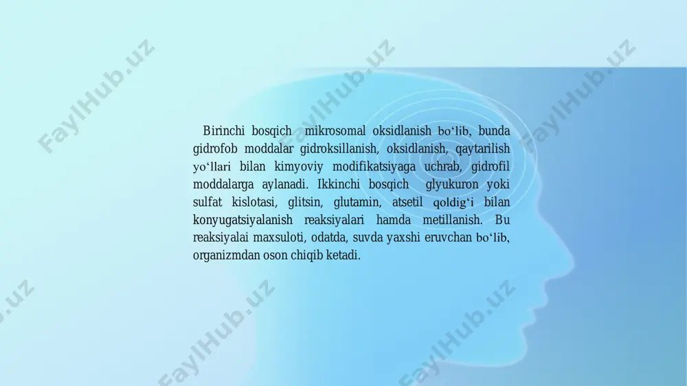 ket dezaminlanadi, metillanadi va fafs yoki udfgk bilan konyugatsiyalanadi. dorilarning zararsizlantirilishi. dorilarning terapevtik ta'si- rining davomiyligi ularning jigardagi metabolizmi tezligiga bog‘liqdir. gidrofi i moddalar organizmdan o‘zgarmagan holda chiqarilishi mumkin, ammo ko‘p hollarda dori moddalari jigarda bio‘ransformatsiyaga uchraydi. bio‘ransformatsiya natijasi turlicha bo‘lishi mumkin: inaktivatsiya (nitritlar, fenobarbital va efedrin); faollanish (normorfin, metildofa va butadion); organizm uchun zaharli bo‘lgan metabolitlaming paydo bo‘lishi (fenatsetin va sulfanilamidlar). bularga misollar keltiramiz. aspirin udfgk yoki glitsin bilan konyugatsiyalanadi, yoki gentizin kislotasiga ilylanadi. fenobarbital gidroksillanadi, keyin udfgk bilan konyugatsiyalanadi. izoniazid atsetillanadi hamda atsetilizoniazid va izoniko‘in kislotasi shaklida chiqariladi. morfm sitoxrom p-450 ta'siri ostida normorfinga (morfindan 6 marta zaharliroq) aylanadi, keyin n udfgk bilan kon'yugatsiya reaksiyasi natijasida glyukuronid- normorfinni hosil qiladi. yo‘talga qarshi preparatlar qatoriga kiruvchi kodein, sitoxrom p-450 ta'siri ostida morfinga aylanadi va u yuqorida keltirilgan mexanizm bo‘yicha zararsizlantiriladi. fenatsetin sitoxrom p-450 1 a2 ta'sil i ostida atsetaminofenga (paratsetamol) aylanadi va u keyin ferment tu1'iga qarab 3 turli …