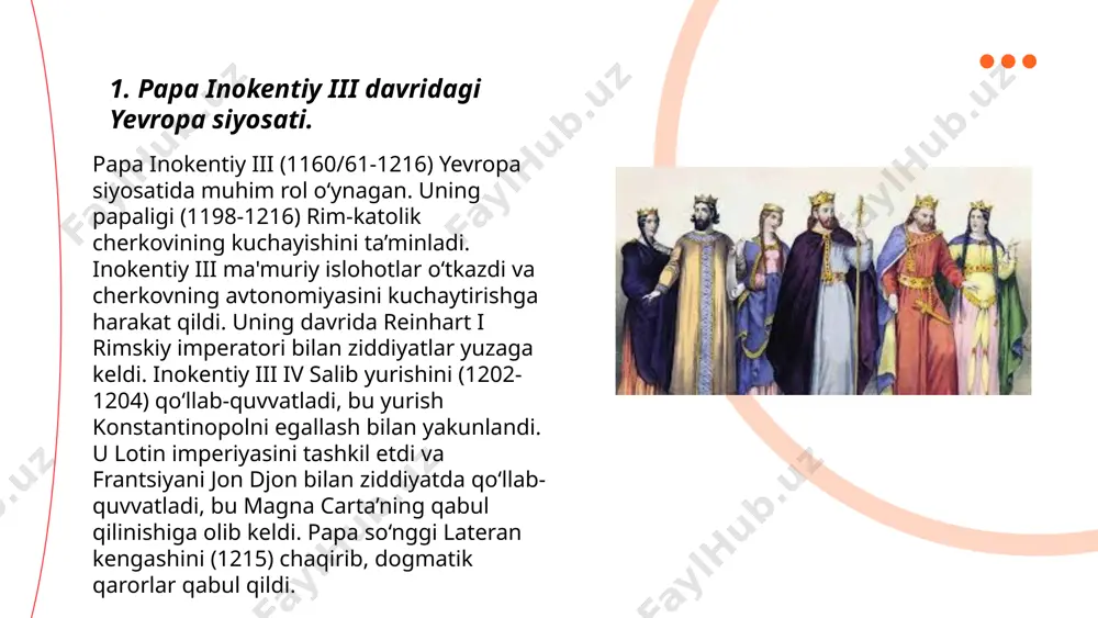 iy qudratini mustahkamladi. salohiddin bag‘dod xalifaligi bilan yaqin aloqalarni o‘rnatgan va bir qancha janglarda qatnashib, musulmon davlatlarini himoya qilgan. u adolatli va rahmdil hukmdor sifatida mashhur edi. ... t.me/slaydai_bot salohiddin ayyubiy 1187 yilda quddusni ozod qildi. u, misr va suriyadagi musulmon qo'shinlarining sardori sifatida, quddusni 1099 yilda birinchi salib yurishi natijasida yo'qotilganidan keyin qaytarib olishga muvaffaq bo'ldi. 1187 yilning 4-iyulida hatttin jangida hal qiluvchi g'alabaga erishib, salohiddin quddusni butunlay qurshovga oldi. shahar 2-oktabrda taslim bo'ldi. salohiddinning rahmdil siyosati tufayli, tinch aholi va xristian ziyoratchilariga shaharni xavfsiz tark etishga ruxsat berildi. uning quddusni egallashi musulmon dunyosida katta tarixiy voqea hisoblanadi va salohiddinning donolik va bag'rikenglik sifatida eslanadi. ... t.me/slaydai_bot 7. salohiddin ayyubiyning yevropaliklarga qarshi diplomatiyasi. salohiddin ayyubi (1137-1193) yevropaliklarga qarshi diplomatiyasida asosiy e'tiborni siyosiy ittifoqlarni shakllantirishga qaratdi. u musulmon davlatlarini birlashtirib, salib yurishlarida yevropaliklarga qarshi muvaffaqiyatli jang qildi. 1187-yilda hattin jangida katta g‘alaba qozondi va quddusni egalladi. salohiddin, richard i (sher …