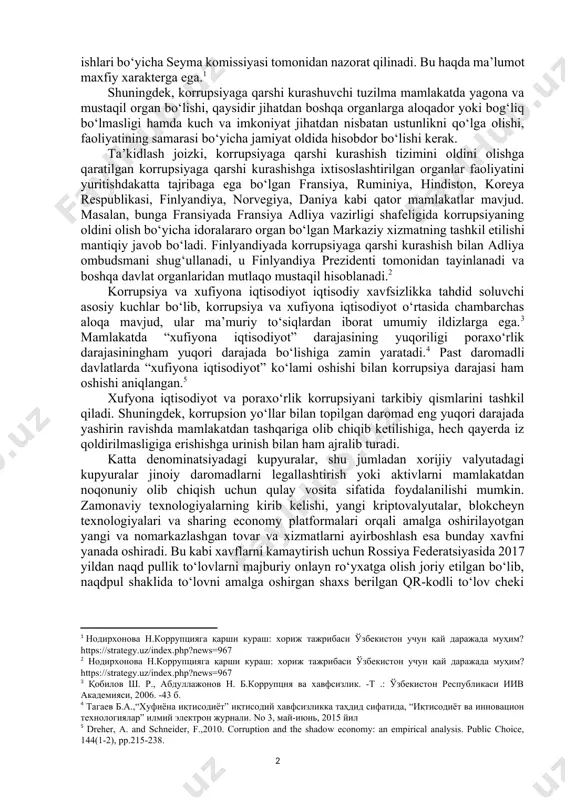 an ko‘rib chiqilib, sifat jihatdan barcha talablarga javob bergan qismini yagona tizimga birlashtirib, ushbu shtat birliklari hisobidan korrupsiyaga qarshi kurashish agentligi tarkibida ularning vazifalariniamalga oshiruvchi yagona tizimni tashkil etish vaqti keldi deb o‘ylaymiz. bunday modelni gonkongning korrupsiyaga qarshi kurashish mustaqil komissiyasi va singapurning korrupsiya faoliyati bo‘yicha tergov byurosi bilan tenglashtirish mumkin. singapur byurosi o‘z ichiga –tergov, ma’lumot va axborot, ko‘maklashish bo‘limlarini oladi. bo‘limlar ichida eng kattasi tergov bo‘lib, u byuro tomonidan amalga oshiriladigan operatsiyalar uchun mas’ul sanaladi. singapur tajribasi bir qator mamlakatlarda joriy etildi. jumladan, 2005 yilning dekabr oyida polsha politsiya (jinoyatni fosh qilish) hamda axborot-tahliliy funksiyalarni bajaruvchi korrupsiyaga qarshi kurashish markaziy byurosini tashkil etish to‘g‘risidagi qonunni qabul qildi. byuro faoliyati polsha maxsus organlari ishlari bo‘yicha seyma komissiyasi tomonidan nazorat qilinadi. bu haqda ma’lumot maxfiy xarakterga ega.[footnoteref:1] [1: нодирхонова н.коррупцияга қарши кураш: хориж тажрибаси ўзбекистон учун қай даражада муҳим?https://strategy.uz/index.php?news=967] shuningdek, korrupsiyaga qarshi kurashuvchi tuzilma mamlakatda yagona va mustaqil organ bo‘lishi, …