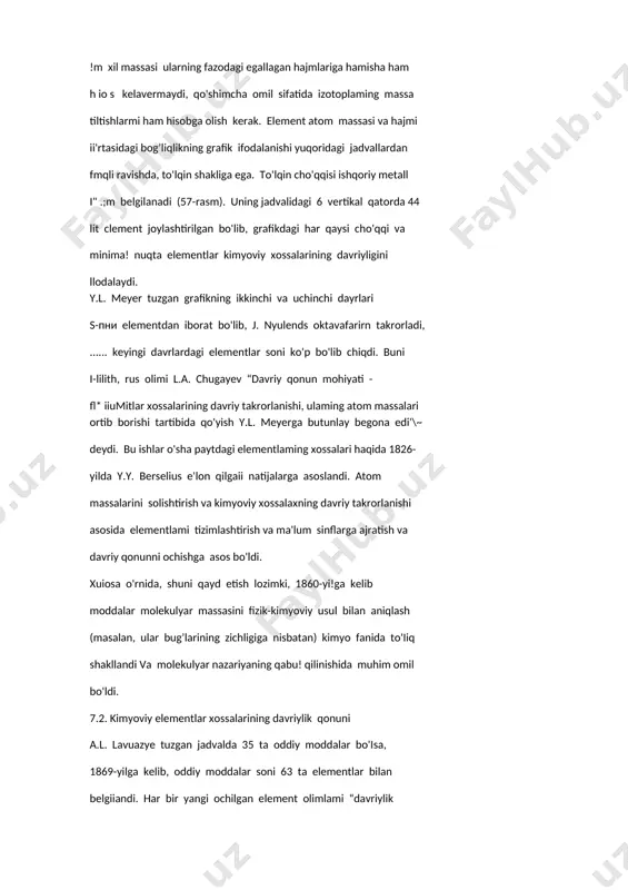 7.2. kimyoviy elementlar xossalarining davriylik qonuni a.l. lavuazye tuzgan jadvalda 35 ta oddiy moddalar bo'isa, 1869-yilga kelib, oddiy moddalar soni 63 ta elementlar bilan belgiiandi. har bir yangi ochilgan element olimlami “davriylik qonimiyatining” ochilishiga yaqinlashtirar edi, ya'ni d.i. mendeleyev (1834-1907 yy.) so'zi bilan aytganda: “1860-yillarga kelib, bu qonuniyat ochilishi uchun zarnin yaratildi". 1858-1860-yillarda atom massalarini ifodalashning yangi tizimi shakllandi, birikmalaming atomar tarkibini va kimyoviy fonnulasini aniqlash imkoniyati yaratildi. 1858-yilda italiyalik oliin s. kannitssaro gaz moddalar massasini aniqlashda vodorod massasidan. foydalanish mumkinligini ko'rsatdi’ m : dh = 2 yoki m = 2 • be dh - moddaning vodorodga nisbatan zichligi. qayd qilish lozimki, dastlab bu formula 1856-yilda ms olinu d.i. mendeleyev tomonidan olimlar jamoatchiligiga e'lon qiiingajl edi. 1858-yilda italiyalik kimyogar, atom-molekulyar ta'limol asoschilaridan biri, professor s. kannitssaro oddiy va murakkab moddalar bug’larining zichligini o'lchadi, bunda u solishtirma issiqlik sig’im qiymatlari va izomorfizmdan foydalandi (58-rasm). olim mavjud elementlar uchun yangi aniqlangan atom …