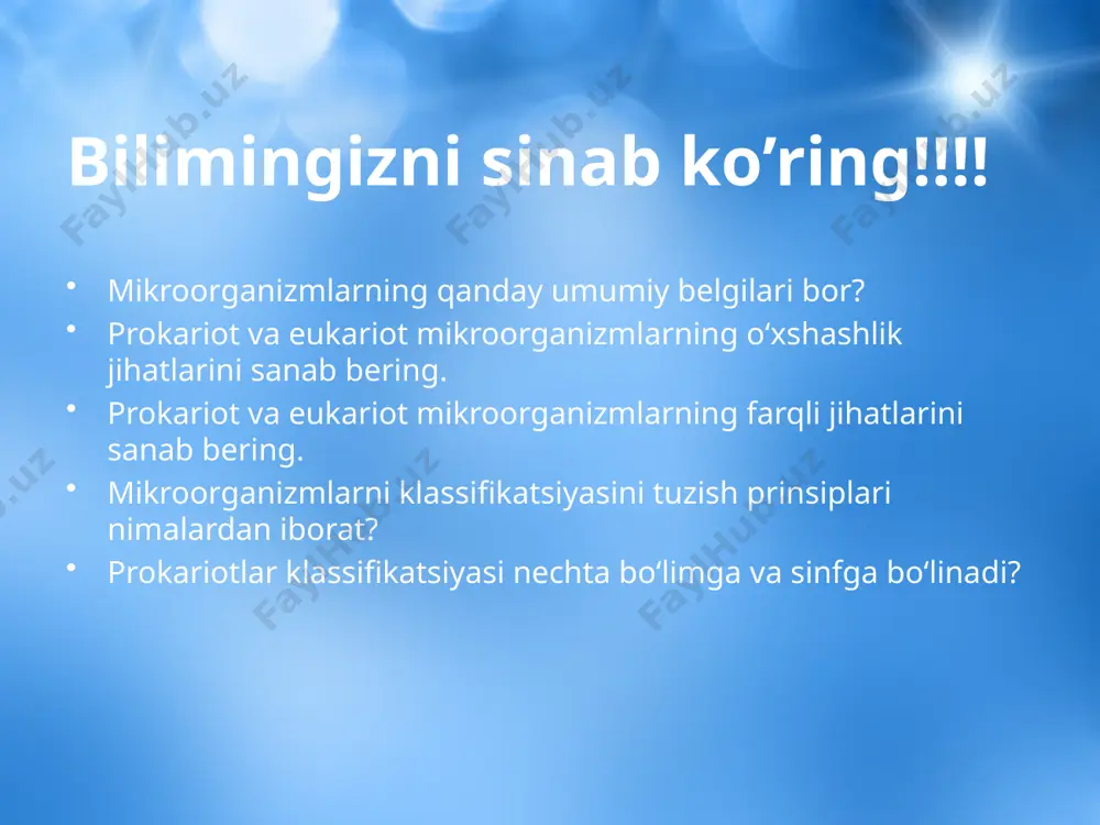 ntiradi. bunday oksidlanishdan ajralib chiqadigan energiyadan shu bakteriyalar karbonat angidridni assimilyasiya qilish uchun foydalanadi. bu bakteriyalar guruhida leptotriks gernotriks, xlomidotriks va klodotriks eng muhim ahamiyatga ega. xemosintetik jarayon temir bakteriyalarida ham kuzatiladi. leptotriks oxraseae (leptotrix ochraceae) va spirofillum ferregennum (spirophyllum ferrigeneum) bakteriyalari chuchuk ko’l va dengiz suvlarida hayot kechiradi. temir bakteriyalari temir tkzlarining oksidlanishida qatnashib, quyidagicha reaksiya sodir bo’ladi: 4feco3 + o2 + 6h2o → 4fe(oh)3 + 4co2 + energiya tuproq mikroorganizmlari va biosfera biosferaning yuqori chegarasi, havoda 10 km bo’lsa, u quruqlikda, butun balandlik va pastliklarni o’z ichiga oladi, okeanlardagi uning chegarasi 4-10 km chuqurlikkacha etib boradi. biosfera-er qobig’ining tiriklik tarqalgan ustki qavatidir. biosferada o’simliklar, hayvonlar, mikroorganizmlar, odamlarning geologik faoliyati namoyon bo’ladi. barcha tirik organizmlar yig’indisi planetamizning biomassasini tashkil etadi. biosfera biomassasining ko’paytirishda o’simliklar, hayvonlar va mikroorganizmlarning roli katta. tuproqdagi mikroblar soni va turi doimo bir hilda bo’lmasdan, ular tuproqning kimyoviy tarkibi, namligi, temperaturasi, rn sharoiti va boshqa holatlariga …