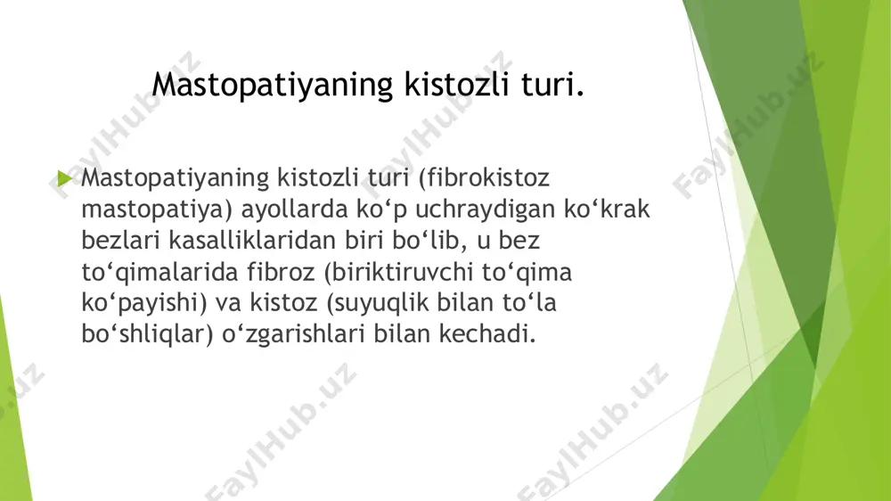siyani to‘xtatib qololmaydi.  2. yosh bilan bog‘liq o‘zgarishlar:  30–50 yoshli ayollarda ko‘proq kuzatiladi, perimenopauza davrida ayniqsa keng tarqalgan.  3. ko‘krak bezining reaktiv va regenerativ jarayonlari:  oldin o‘tkazilgan shikastlanishlar yoki yallig‘lanishlar fonida ham paydo bo‘lishi mumkin.  makroskopik ko‘rinishi:  ko‘krak bezida zich, ba’zan tuguncha shaklidagi o‘choklar aniqlanadi;  ko‘pincha kichik (5–10 mm) va ko‘krak bezi saratoniga o‘xshab ketishi mumkin;  ba’zida og‘riqli yoki palpasiyada sezilarli bo‘ladi.  mikroskopik ko‘rinishi:  1. adenoz:  lobulalardagi alveolalar soni ortgan;  epiteliy va mioepiteliy hujayralar saqlangan.  2. skleroz:  atrofdagi biriktiruvchi to‘qima zichlashgan, kollagen tolalar ko‘paygan;  stromaning zichligi yuqori, bu uni saratondan farqlashni qiyinlashtiradi.  3. yalanchi invaziya:  lobula va alveolalar atrofi fibrozga uchragan bo‘lsa-da, haqiqiy invaziv o‘sma emas; e'tiboringiz uchun rahmat! slide 1: toshkent tibbiyot akademiyasi 1-son davolash fakulteti 313- b guruh talabasi orziqulova dinoraning mustaqil ishi slide 2: mavzu: mastopatiya . slide 3: mastopatiyaning …