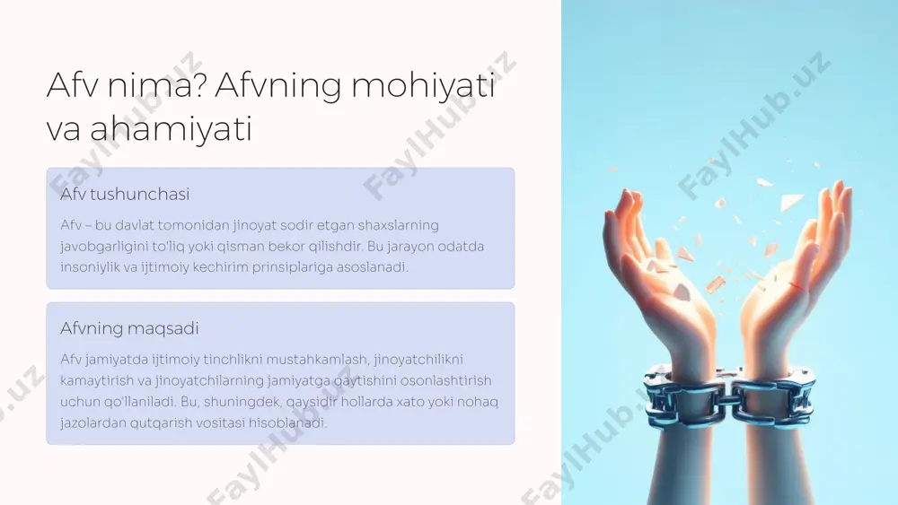. huquqiy asoslar amnistiya konstitutsiya va maxsus qonunlar doirasida amalga oshiriladi va odatda parlament tomonidan tasdiqlanadi. jinoiy siyosatda roli u ijtimoiy-siyosiy vaziyatni yumshatish, xususan, tinchlik o‘rnatish va iqtisodiy inqiroz paytida qo‘llaniladi. 4 amnistiyaning qo'llanilish doirasi va shartlari qo'llanilish doirasi amnistiya odatda siyosiy jinoyatlar, fuqarolar urushi yoki ijtimoiy tartibsizliklarda ishtirok etganlarga nisbatan qo‘llanadi. shuningdek, u ma’lum muddatga taalluqli jarayonlarni qamrab oladi. siyosiy jinoyatlar fuqarolar urushi qatnashchilari ijtimoiy tartibsizliklar kontekstida shartlari amnistiya faqat qonunlar tomonidan belgilangan shartlar asosida beriladi, masalan, jinoyatchining ijtimoiy xulq-atvori, jazoni o‘taganlik holati yoki jabrlanuvchi bilan yarashishi. sud tomonidan tasdiqlanish jazo muddati va shartlari jablo’rlik bilan kelishuv 5 jinoyat kodeksida javobgarlikdan ozod etish asoslari 1 afv va amnistiya jinoyat kodeksi javobgarlikdan ozod etishning asosiy huquqiy mexanizmlaridir. 2 sud tomonidan ozod etish aybni tan olish, jabrlanuvchi bilan yarashish va boshqa omillar inobatga olinadi. 3 maxsus holatlar kasallik, jazo muddatini o‘taganlik va boshqa sabablar bilan ozod qilish ko‘zda tutilgan. 6 jazo …