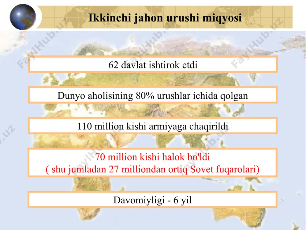 glizlar tomonidan mag'lubiyatga uchradi. bolqonlarning 1940 yil kuzi 1940 yil 28 oktyabrda italiya gretsiyaga hujum qildi. italiya qo'shinlari yunon armiyasining o'jar qarshiliklariga duch kelishdi. mussolinining iltimosiga binoan germaniya yordamga keldi. 1941 yil bahori 1941 yil 6 aprelda nemis qo'shinlari gretsiya va yugoslaviyaga hujum qildi. ular tezda yunon va yugoslaviya qo'shinlarining qarshiligini sindirishdi. nemis armiyasi 1941 yil aprel oyida yugoslaviyaga bostirib kirdi. 1940-yil 27-sentyabrda germaniya , italiya va yaponiya uch tomonlama paktni imzoladilar , bu harbiy ittifoq dunyoni bo'linishini ta'minlaydi. i.v. ham uch tomonlama paktga kirishga tayyor edi. stalin qora dengiz bo'g'ozlariga da'vo qildi, ammo germaniya ham bunga intildi. ikki davlat o'rtasidagi munosabatlar tezda yomonlasha boshladi. biz hammaga qarshimiz! 1941 yilning yozida germaniya va italiya yevropaning 12 davlatini (fashistik bosqinchilik rejimini) bosib oldilar: demokratik erkinliklarga barham berildi siyosiy partiyalar va kasaba uyushmalari tugatildi ish tashlash va namoyishlar o‘tkazish taqiqlanadi iqtisodiyot bosqinchilar ehtiyojlarini qondirish uchun ishladi millionlab odamlarni yo'q qilish dasturi xolokost …