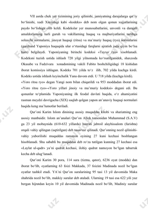 onning nozil qilinishi-vahiy yuborilishi muqaddas ramazon oyining 27 kuni kechasi boshlangan hisoblanadi. shu sababli bu muqaddas deb ro‘za tutilgan kunning 27 kechasi esa «laylat ul-qadr» ya’ni qudrat kechasi, ilohiy qudrat namoyon bo‘lgan tabarruk kecha deb ulug‘lanadi. qur’oni karim 30 pora, 114 sura (tizma, qator), 6236 oyat (modda) dan iborat bo‘lib, oyatlarning 63 foizi makkada, 37 foizini madinada nozil bo‘lgan oyatlar tashkil etadi. ya’ni qur’on suralarining 95 tasi 13 yil davomida maka shahrida nozil bo‘lib, makkiy suralar deb ataladi. ularning 19 tasi esa 622 yili yuz bergan hijratdan keyin 10 yil davomida madinada nozil bo‘lib, madiniy suralar deb nozil qilingan. qur’oni karim xozirgi davrgacha arabiston davlatida va boshqa davlatlarda amalda qo‘llanib kelinmoqda. qonun davlat hokimiyatining maxsus faoliyati mahsuli sifatida vujudga keladi. davlat amrining oliy ifodasi bo‘lmish qonun, hokimiyatning alohida vakolatli organi tomonidan amalga oshiriladigan murakkab jarayon natijasida yaratiladi. qonunchilik (qonunni yaratish) jarayoni-davlat oliy vakillik organining konstitutsiyada belgilangan tartibda yangi qonunlarni yaratishga, …