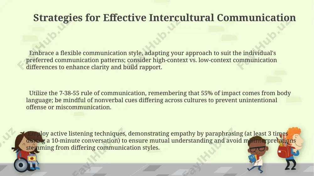 ), and chronemics (time perception), varies significantly; for example, a 1-meter distance considered appropriate in some cultures might feel invasive in others, causing unintentional offense. high-context cultures, like japan (with a high uncertainty avoidance index of 92), rely heavily on nonverbal cues and shared understanding, contrasting sharply with low-context cultures like germany (with a lower uncertainty avoidance index of 65) that prioritize explicit verbal communication. direct communication styles, prevalent in many western cultures, can be perceived as rude or confrontational in collectivist societies prioritizing harmony and indirect feedback mechanisms, leading to misunderstandings and potentially damaged relationships. managing cultural differences in teams allocate roles and responsibilities considering cultural factors impacting work ethics and individual preferences, ensuring equitable distribution across at least 5 key areas (e.g., leadership, technical expertise, communication, documentation, conflict resolution) to foster inclusive team dynamics. implement a structured feedback mechanism, incorporating both individual and group reviews, to address at …